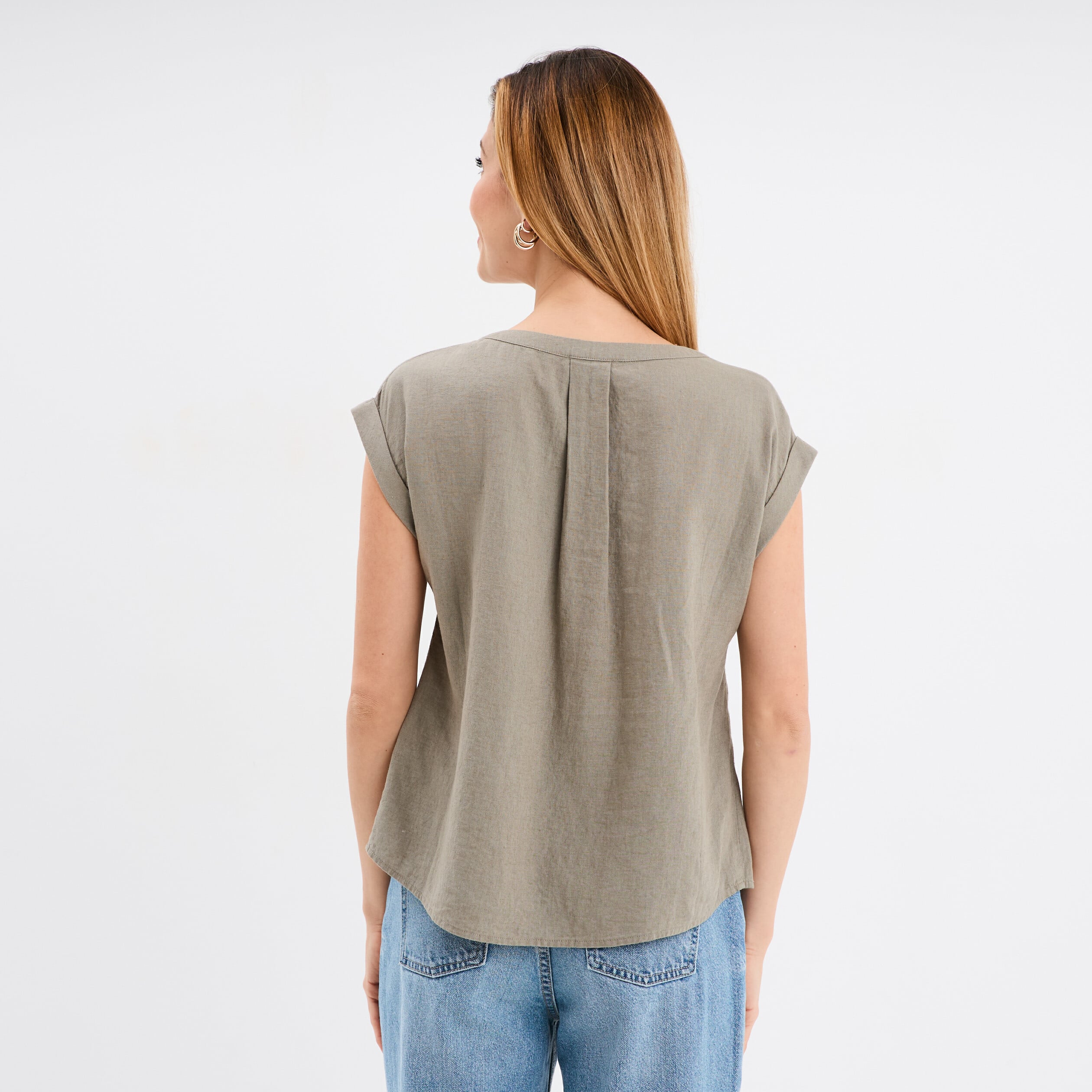 Blouse col V manches courtes lin m&eacute;lang&eacute; vert kaki femme