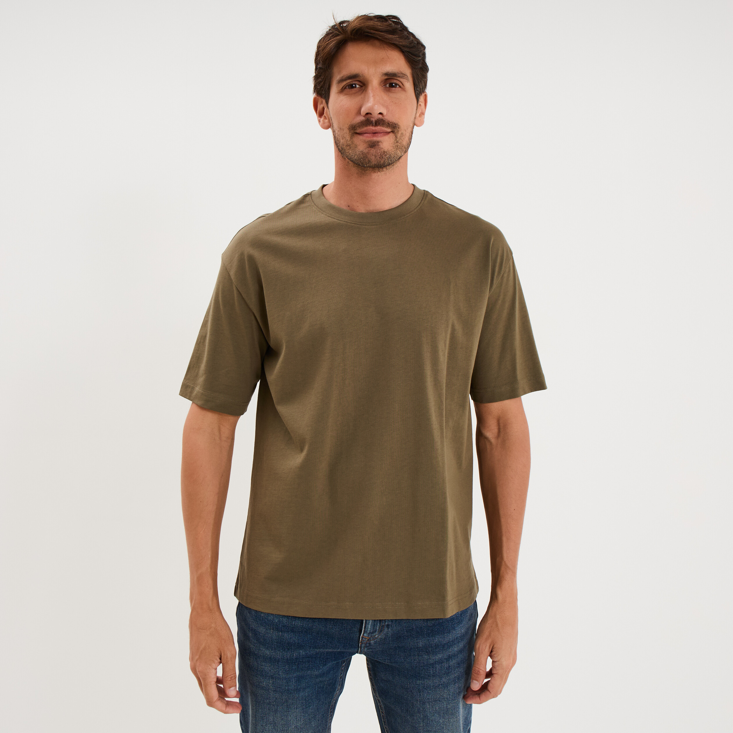 T-shirt col rond coupe relax coton &eacute;pais vert kaki homme