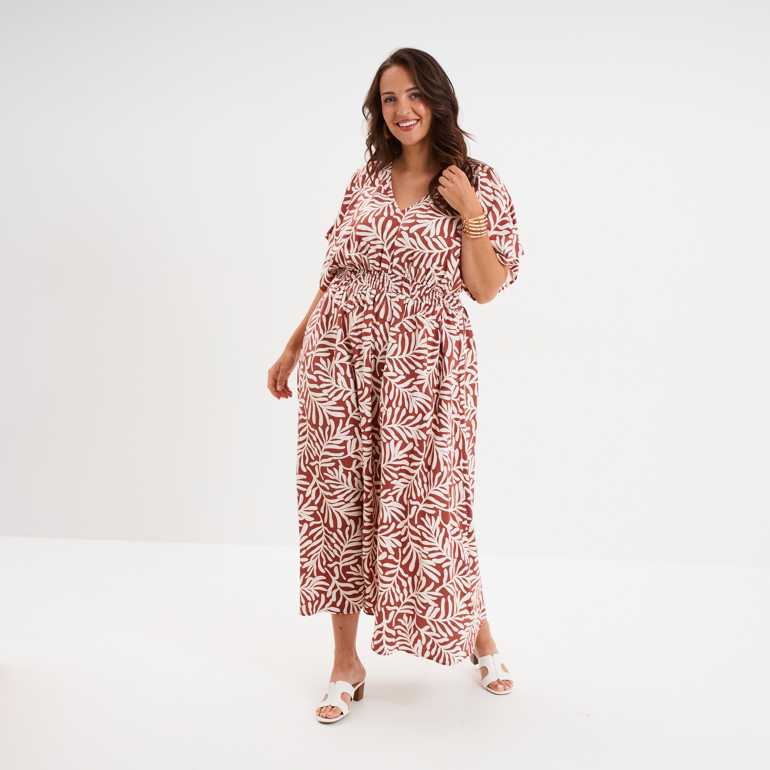 robe longue fluide manches 34 terracotta femmegt Robe longue fluide manches 3/4 terracotta femme grande taille