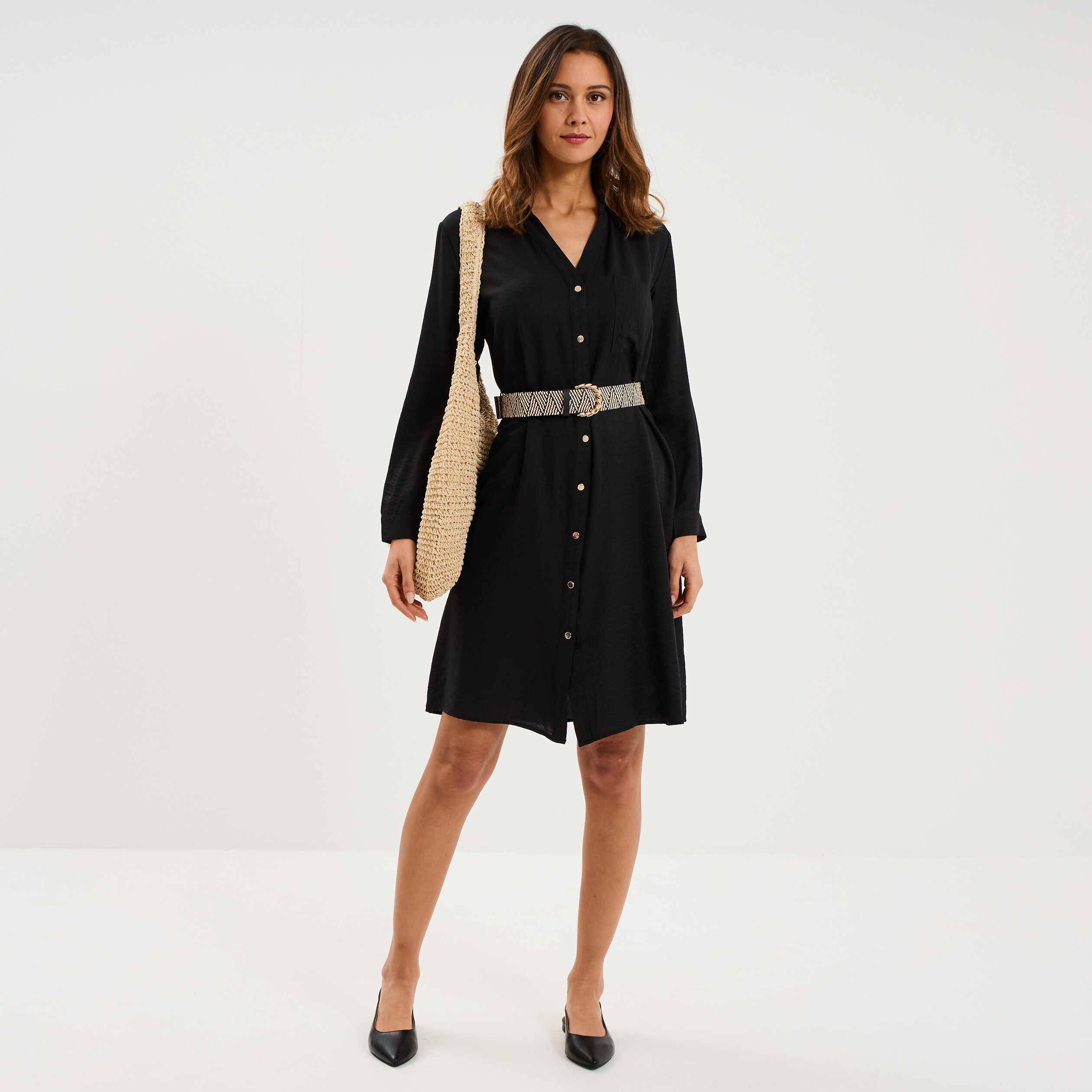Robe chemise avec ceinture tress&eacute;e noir femme