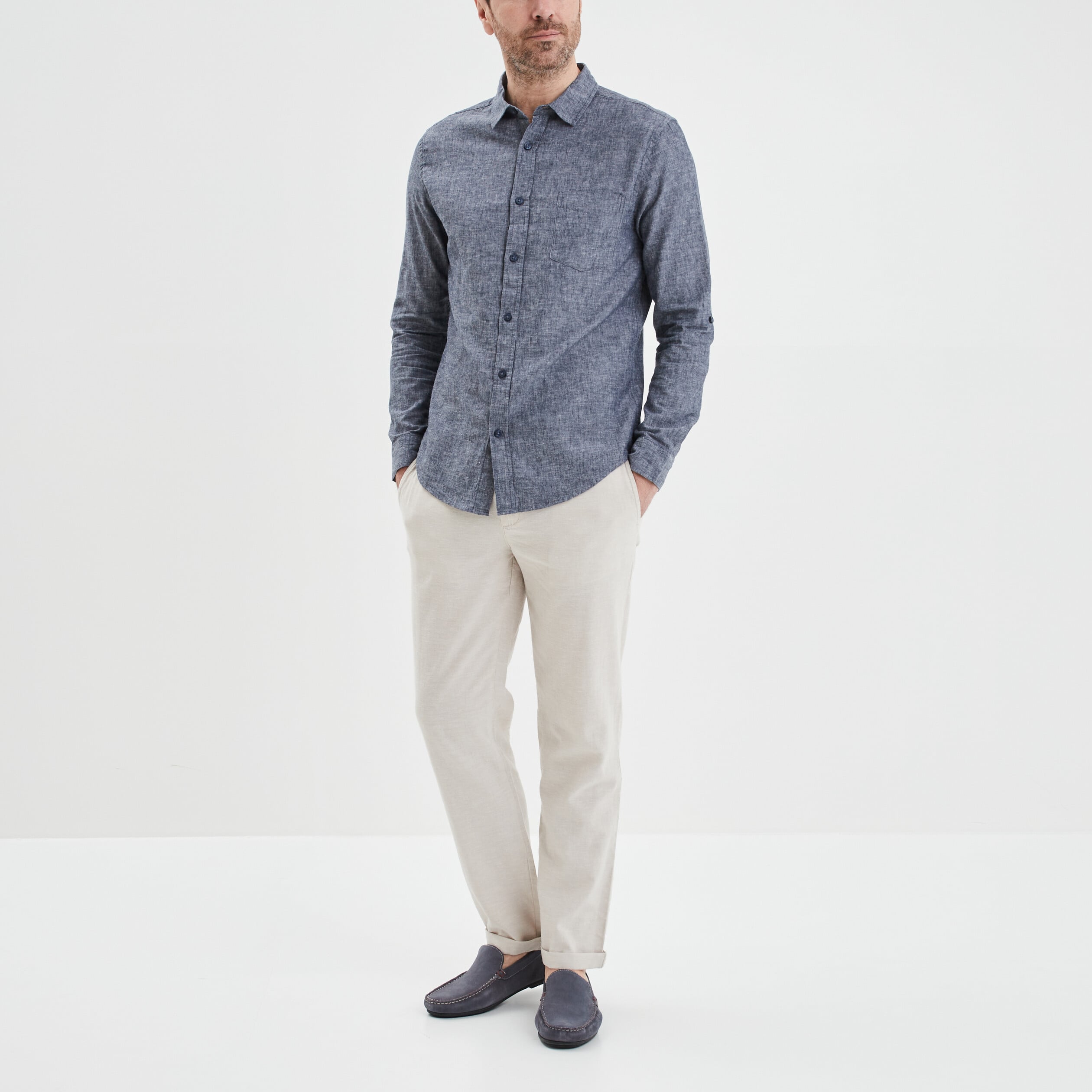 Pantalon chino droit lin m&eacute;lang&eacute; gris clair homme