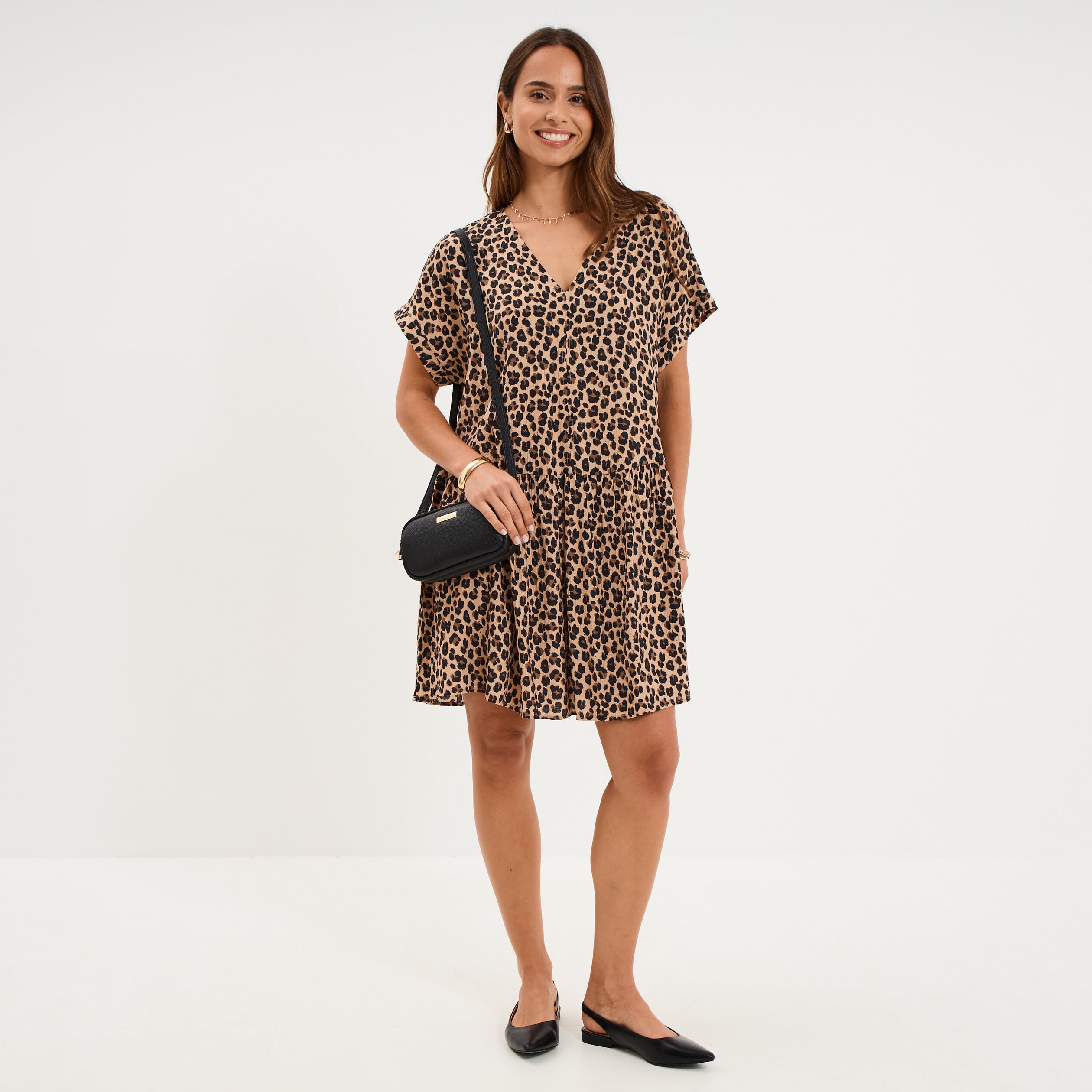 Robe courte fluide manches courtes beige clair femme