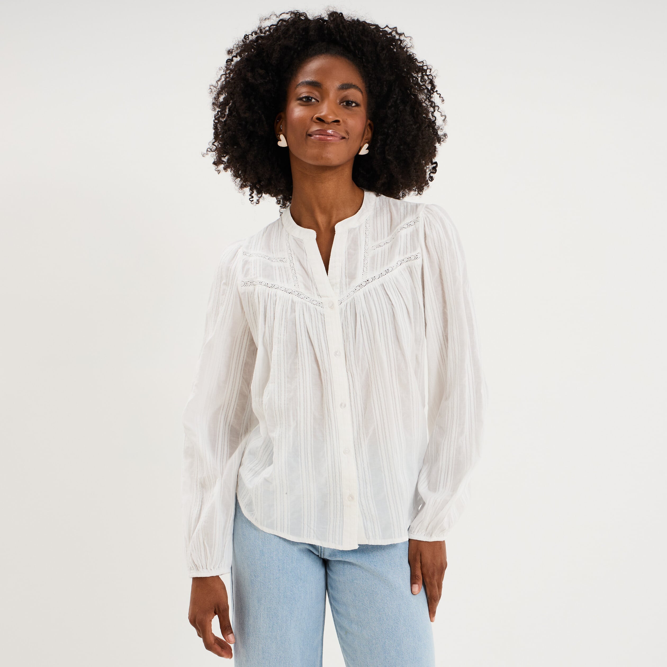 Blouse droite col tunisien coton blanc femme