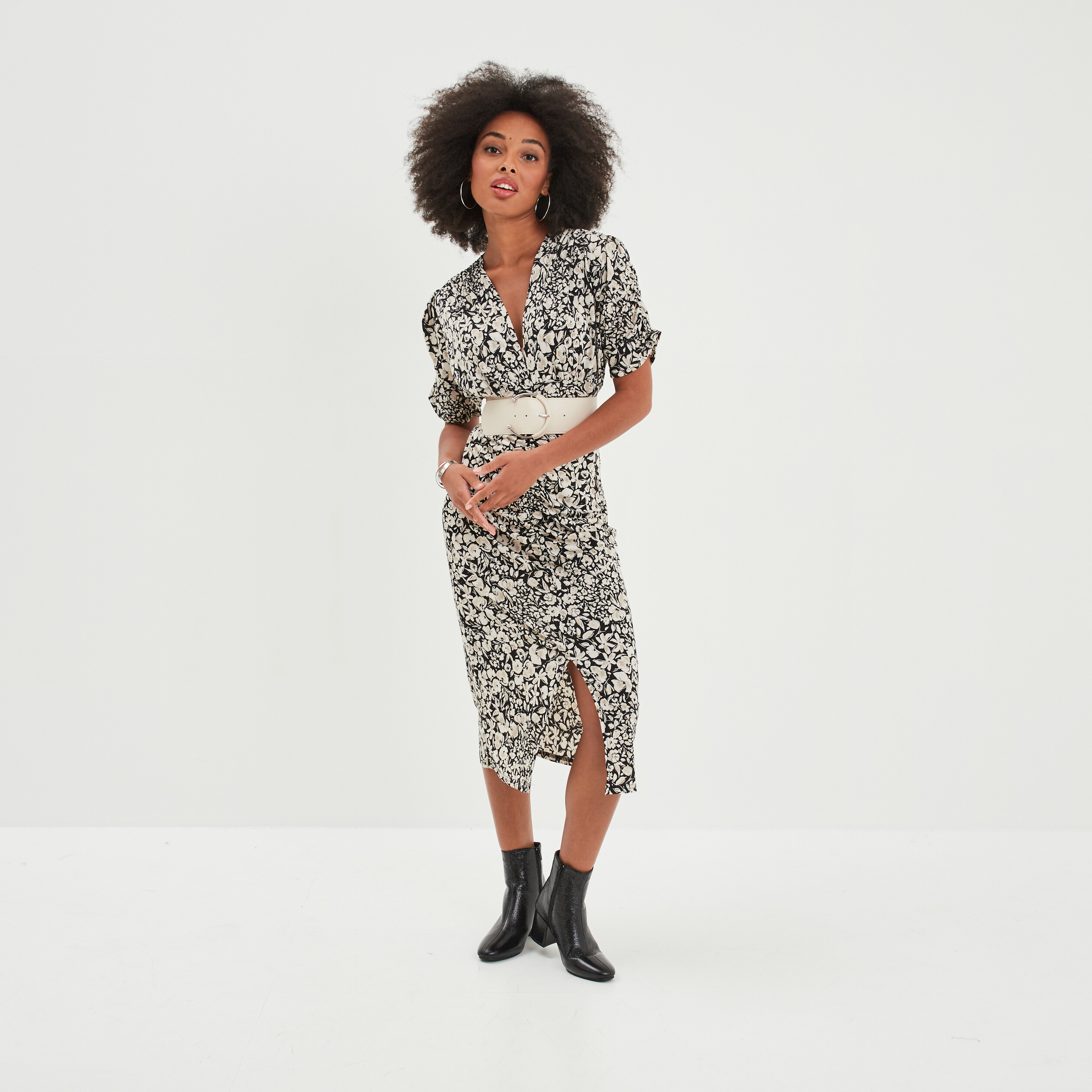 robe longue manches froncees col en v noir femme Robe longue manches froncées col en V noir femme