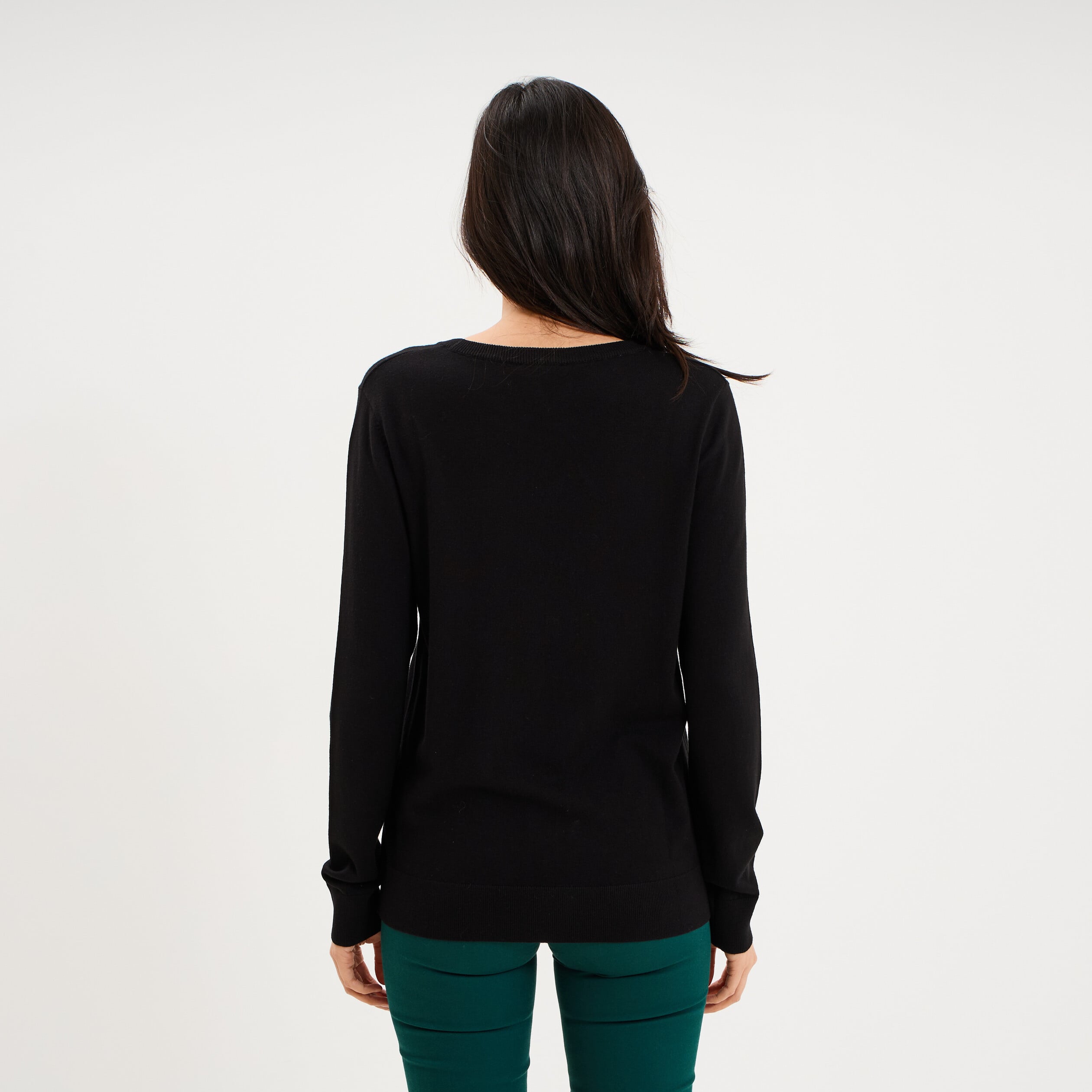 Pull col rond manches longues noir femme