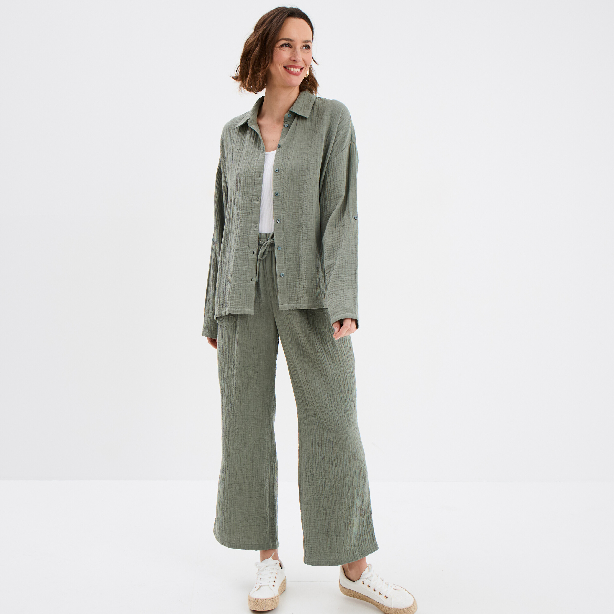 pantalon fluide elastique gaze de coton vert kaki femme Pantalon fluide élastiqué gaze de coton vert kaki femme