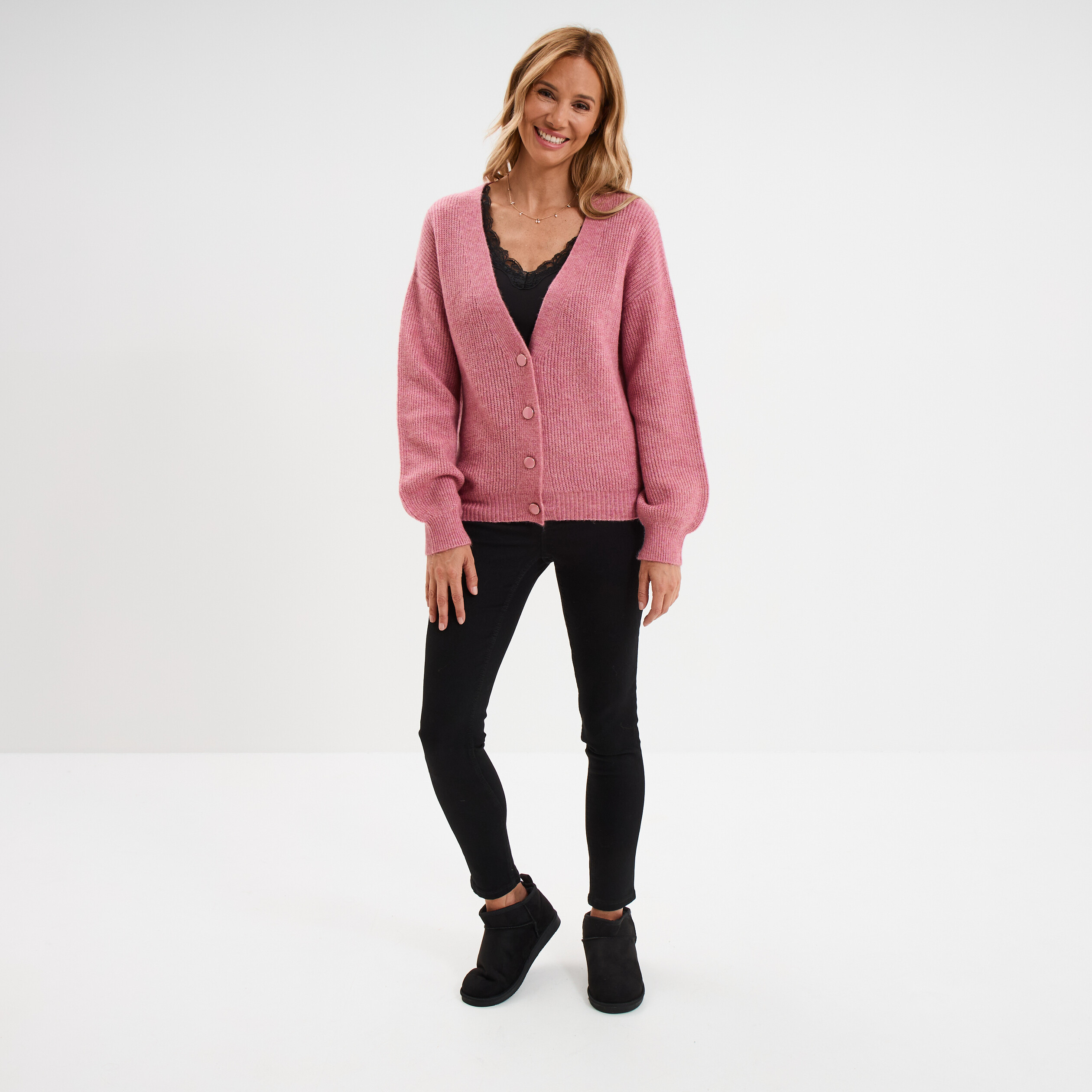 Gilet boutonn&eacute; col en V vieux rose femme