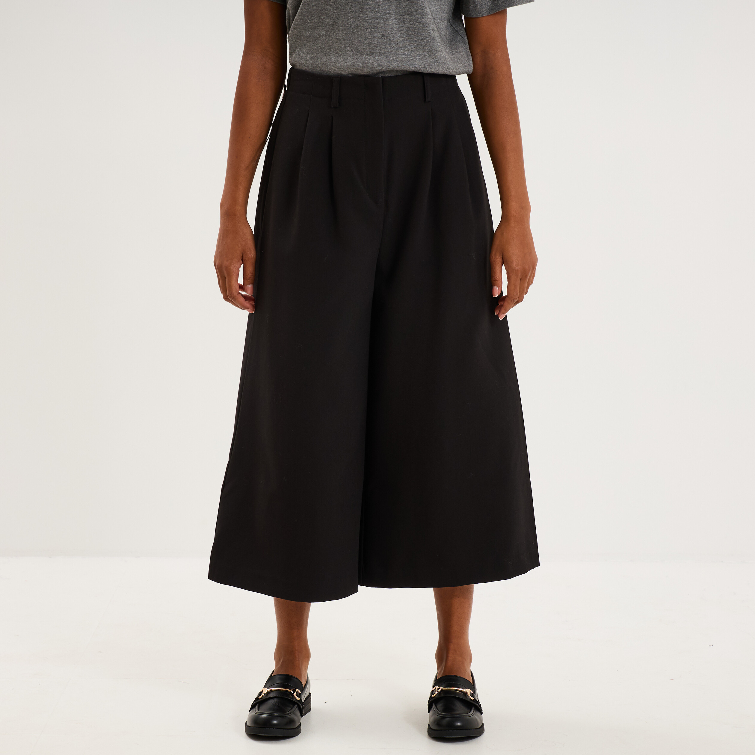 Pantalon culotte large taille haute noir femme