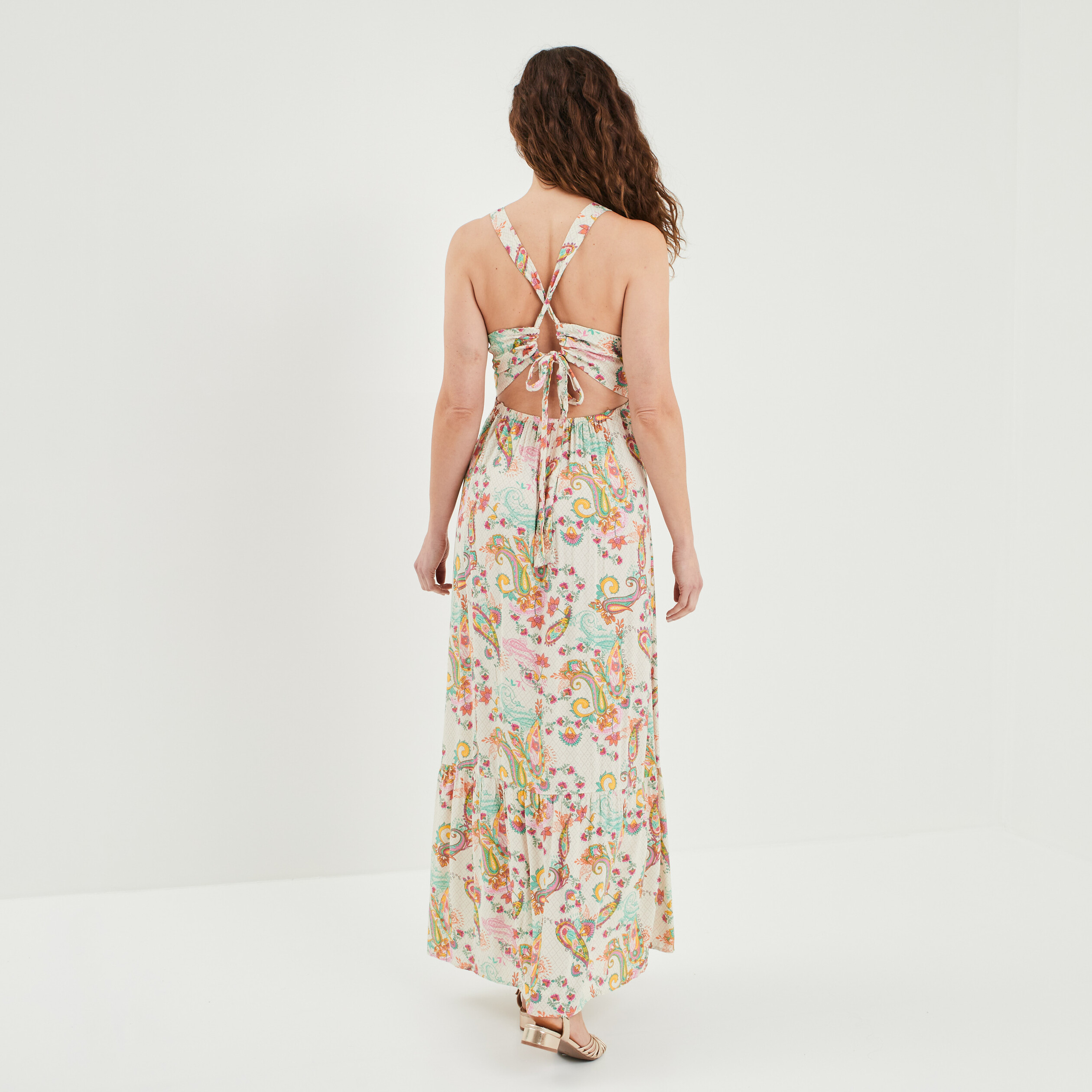 robe longue col en v bijou ecru femme Robe longue col en V bijou ecru femme