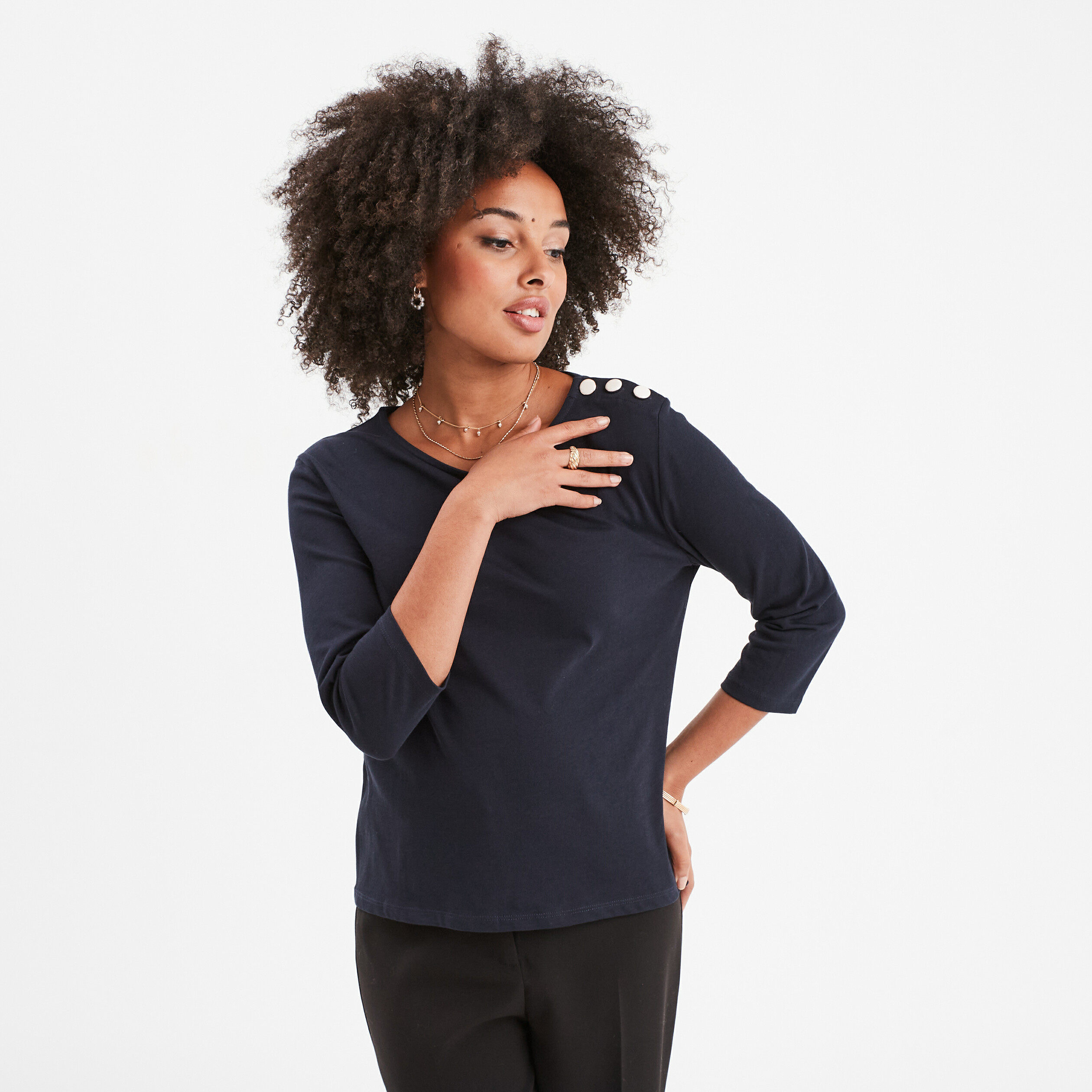 t shirt manches 34 col rond coton bleu fonce femme T-shirt manches 3/4 col rond coton bleu foncé femme