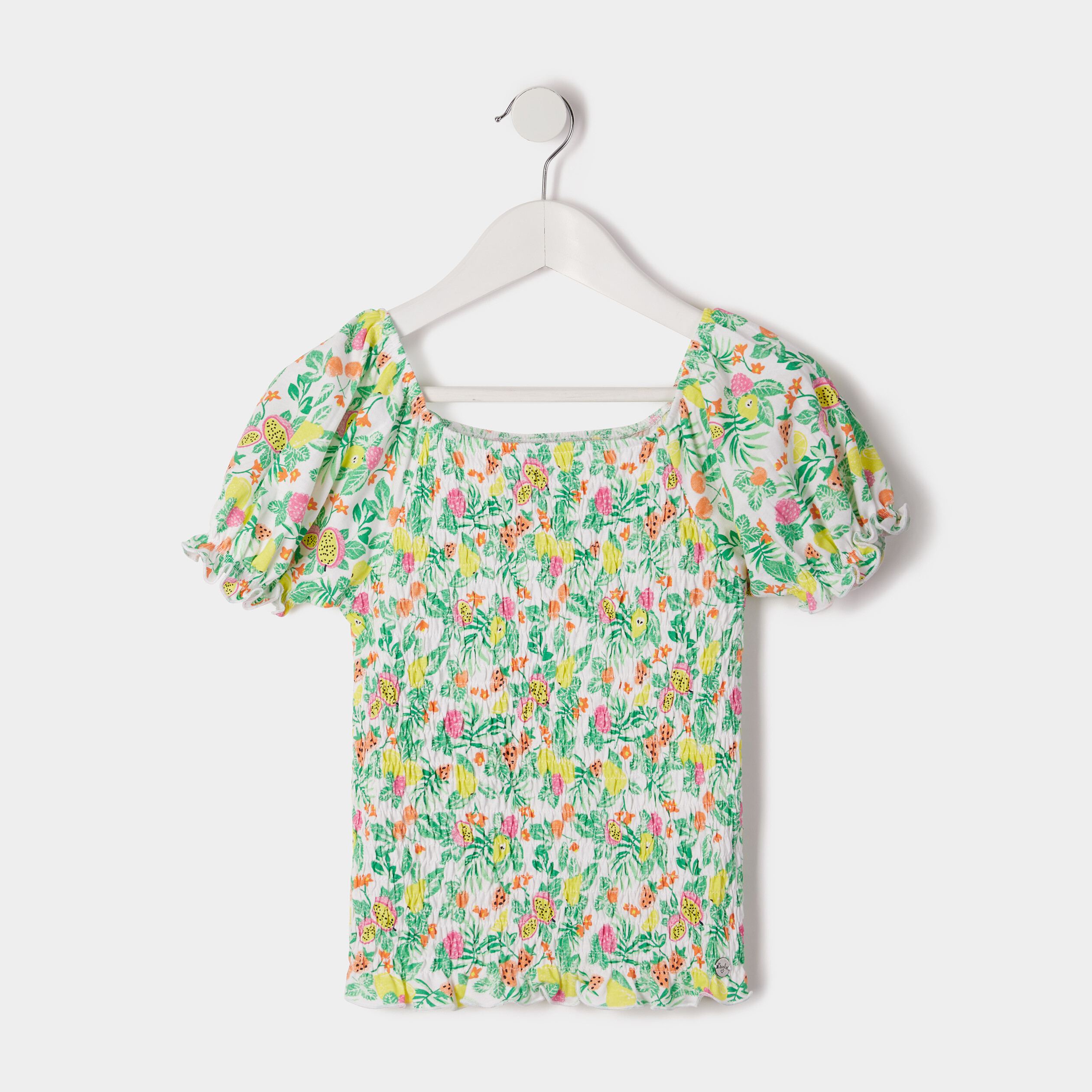 T-shirt smocké à manches ballons courtes blanc fille