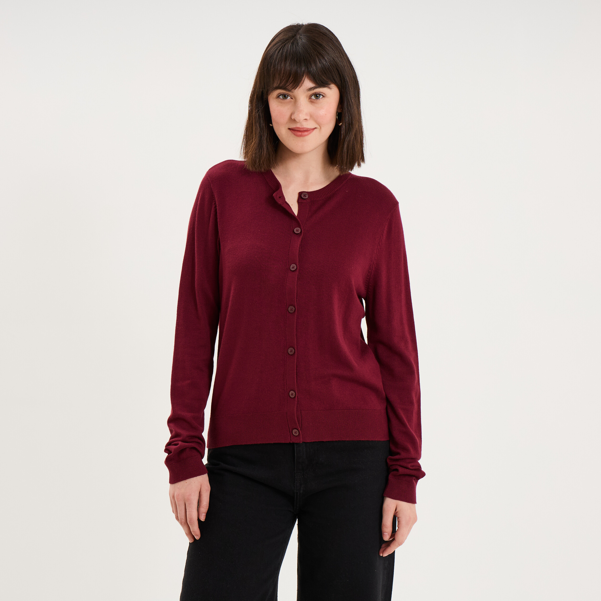 Gilet col rond manches longues bordeaux femme