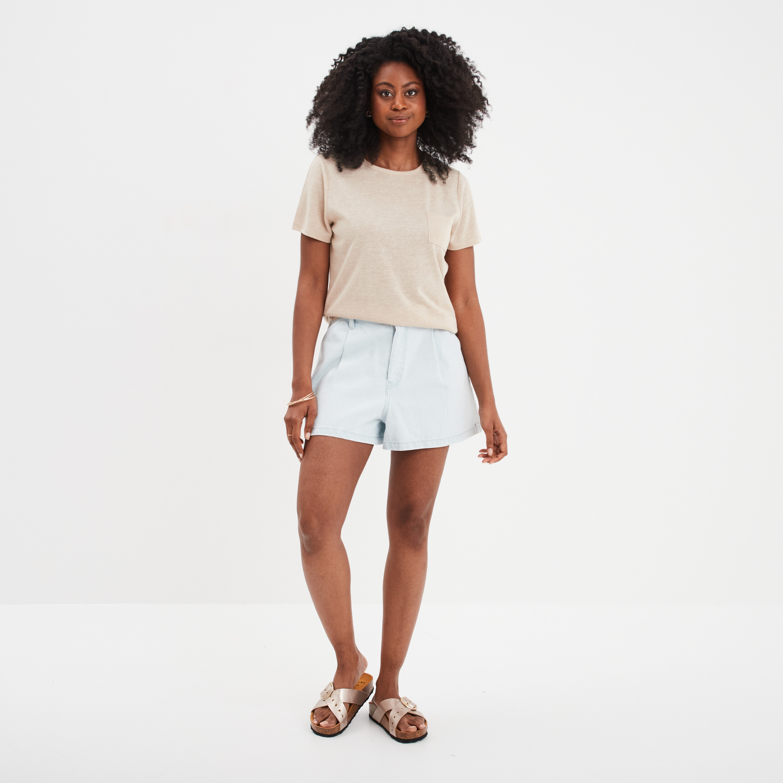 t shirt col rond 1 poche manches courtes beige femme T-shirt col rond 1 poche manches courtes beige femme