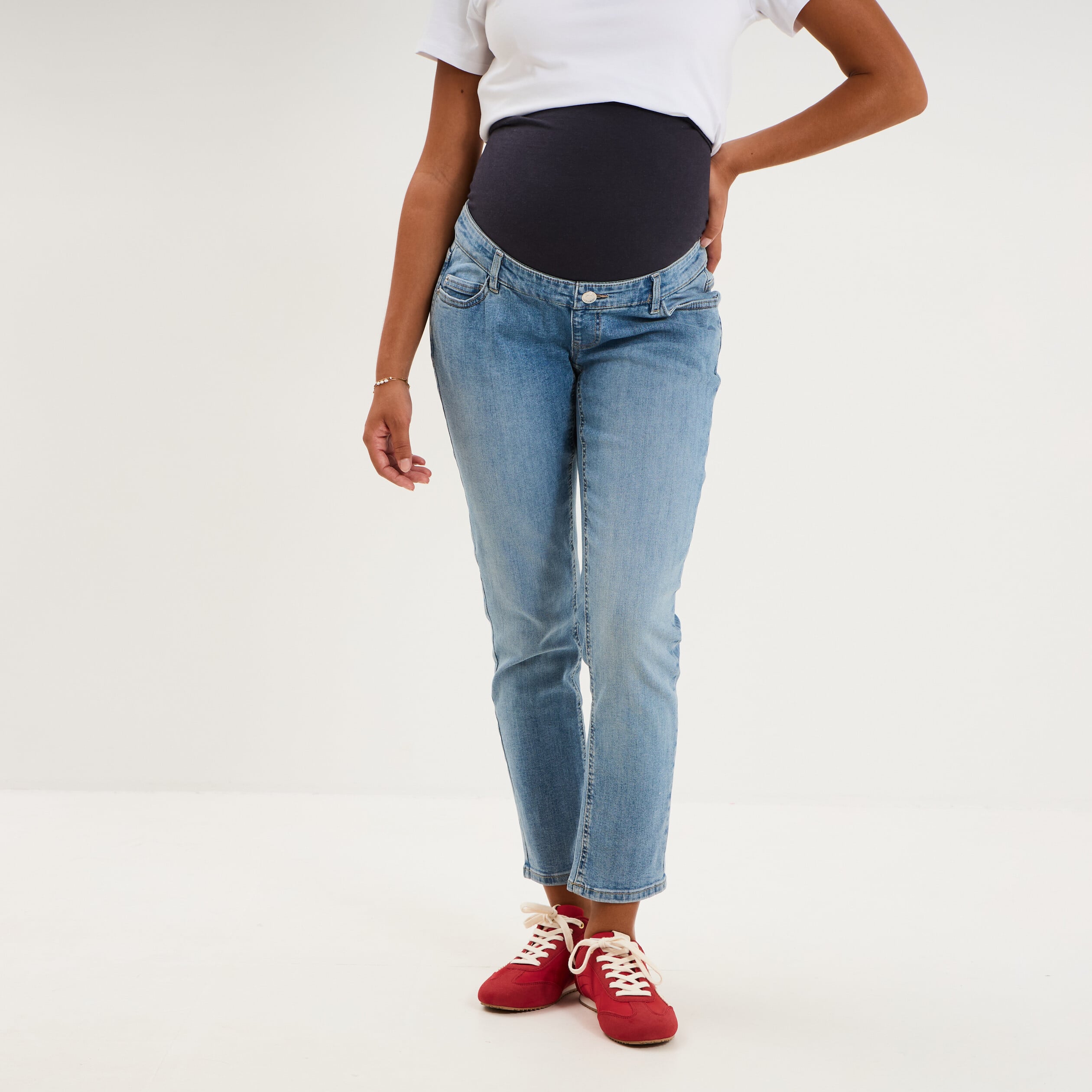 Jeans grossesse slim 7/8&egrave;me avec bandeau denim double stone femme maternit&eacute;