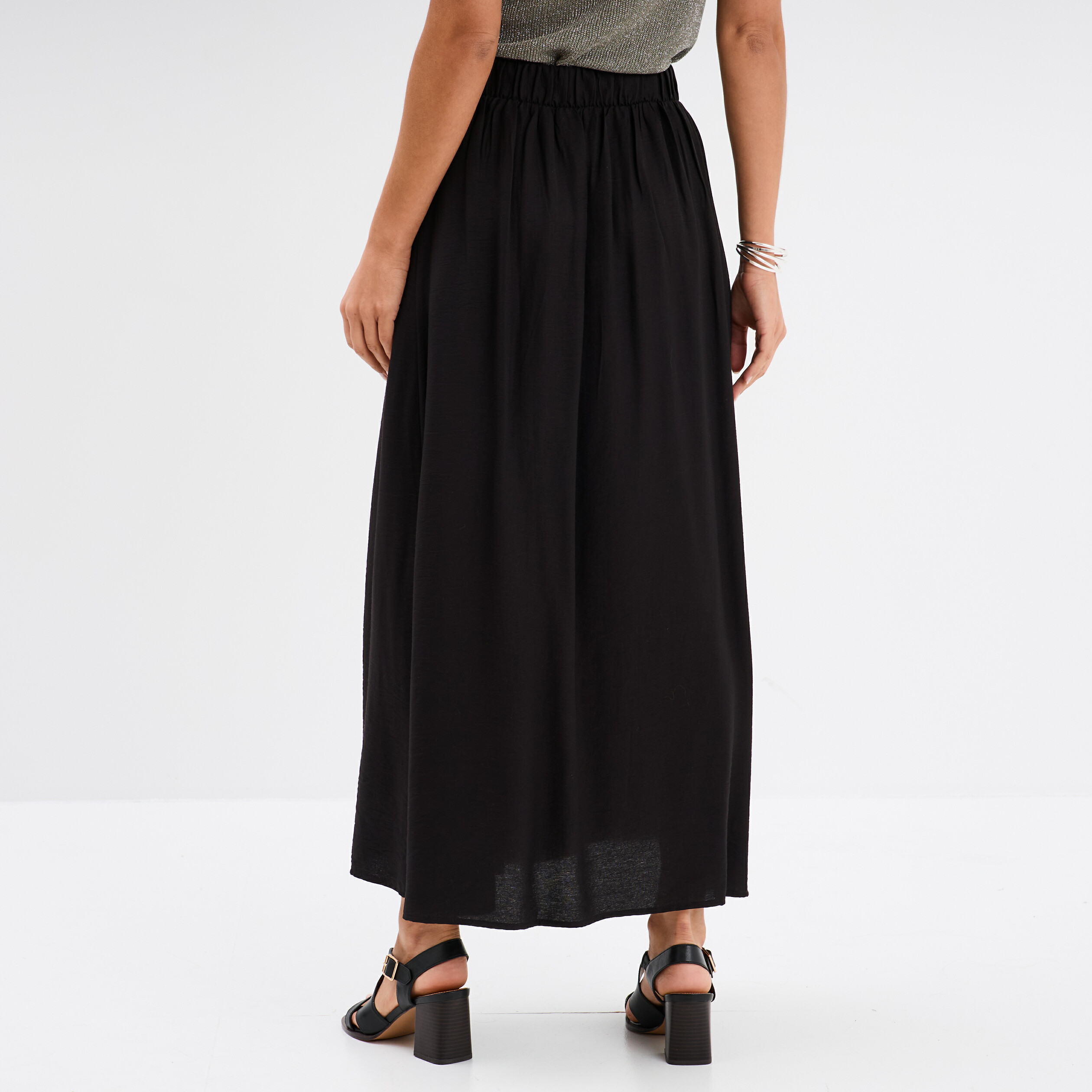jupe longue fendue evasee plis creux noir femme Jupe longue fendue évasée plis creux noir femme
