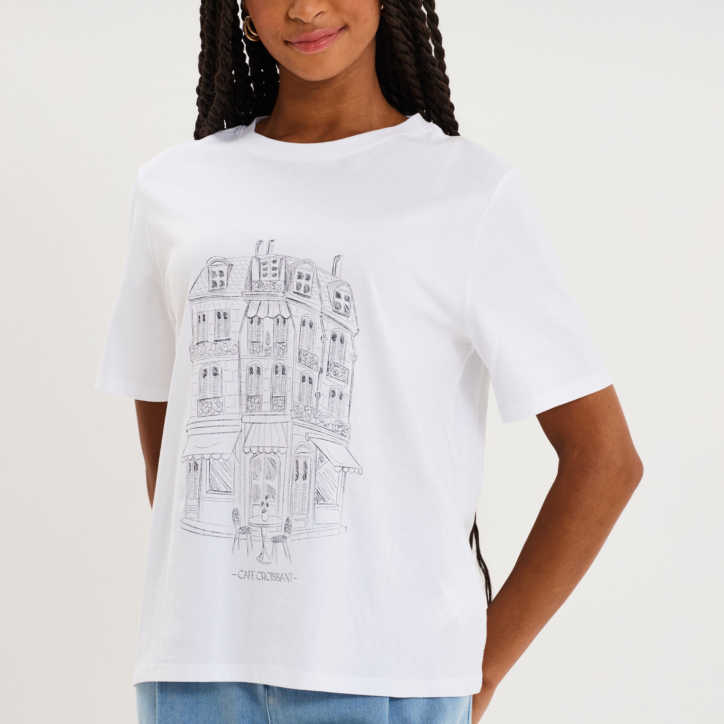 T-shirt col rond manches courtes imprim&eacute; blanc femme