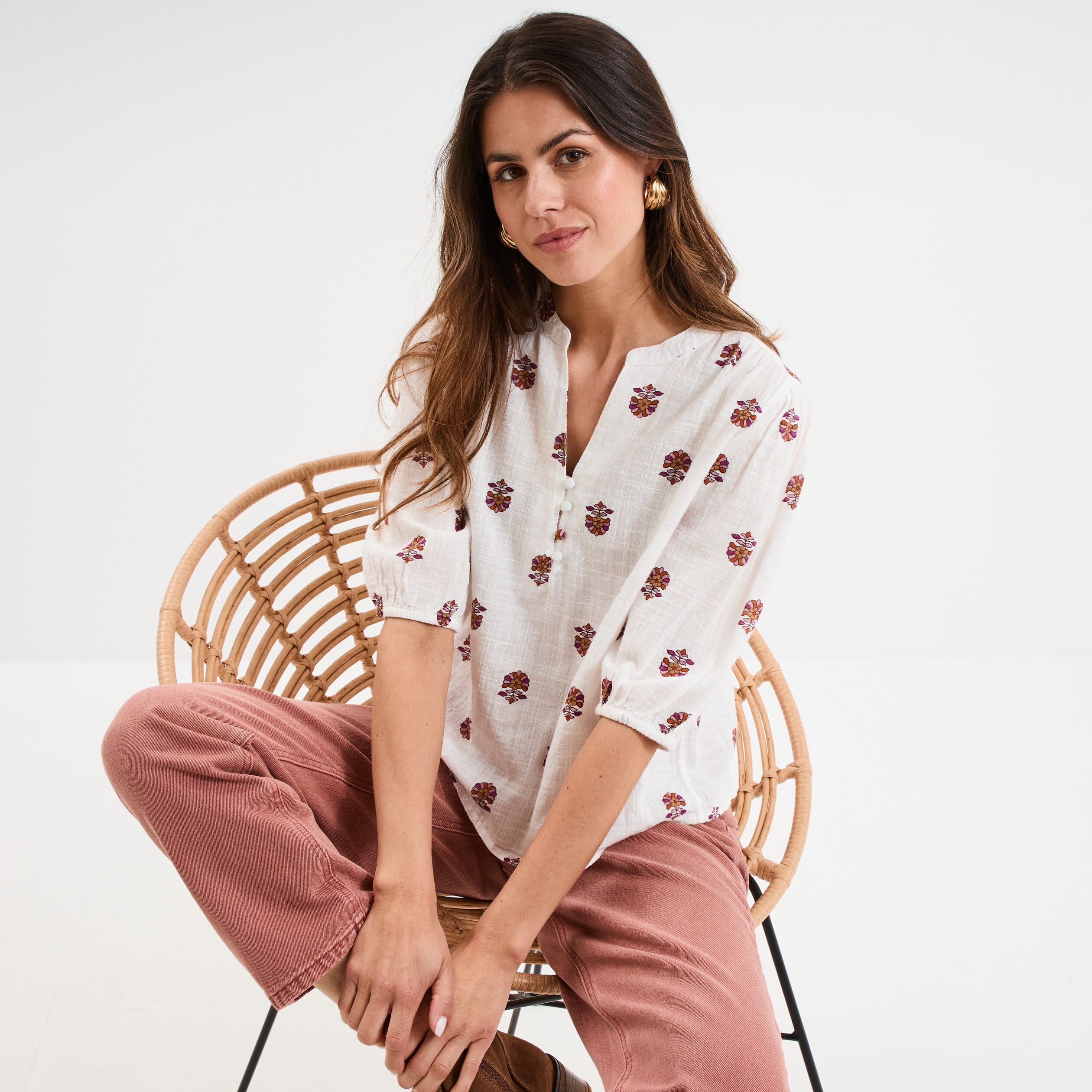 Blouse col tunisien manches 3/4 coton blanc femme