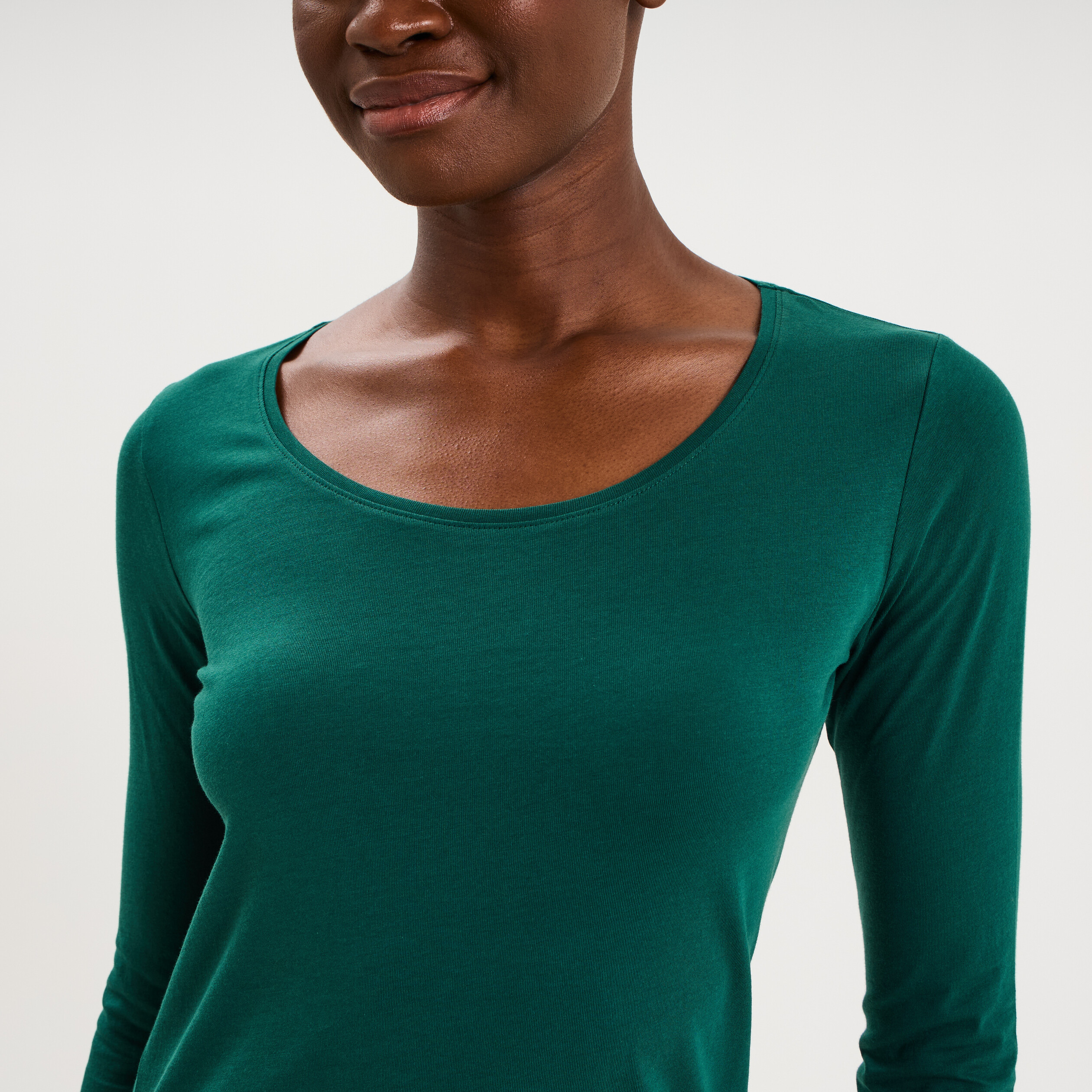 T-shirt coton col rond manches longues vert fonc&eacute; femme