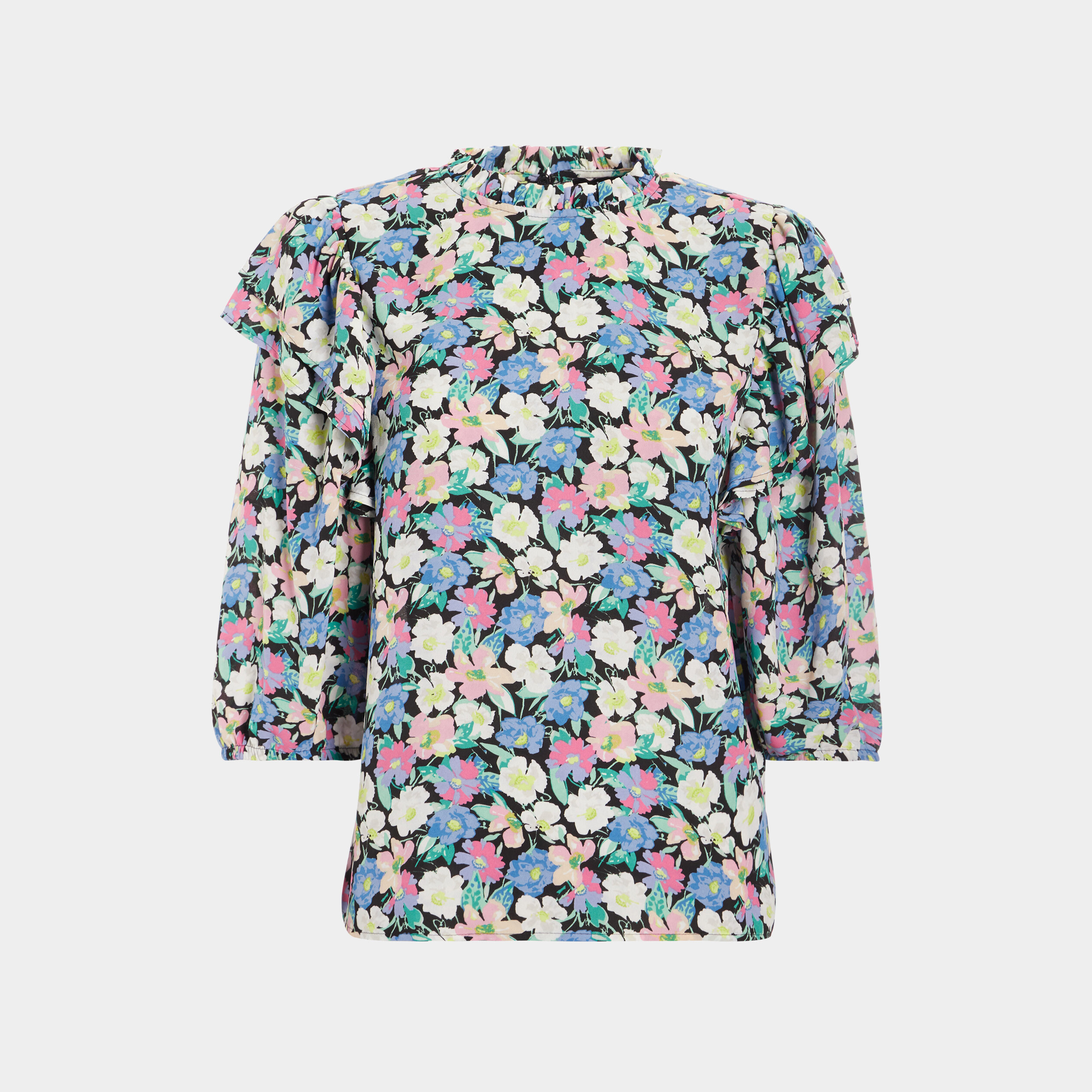 Blouse manches bouffantes col montant noir femme