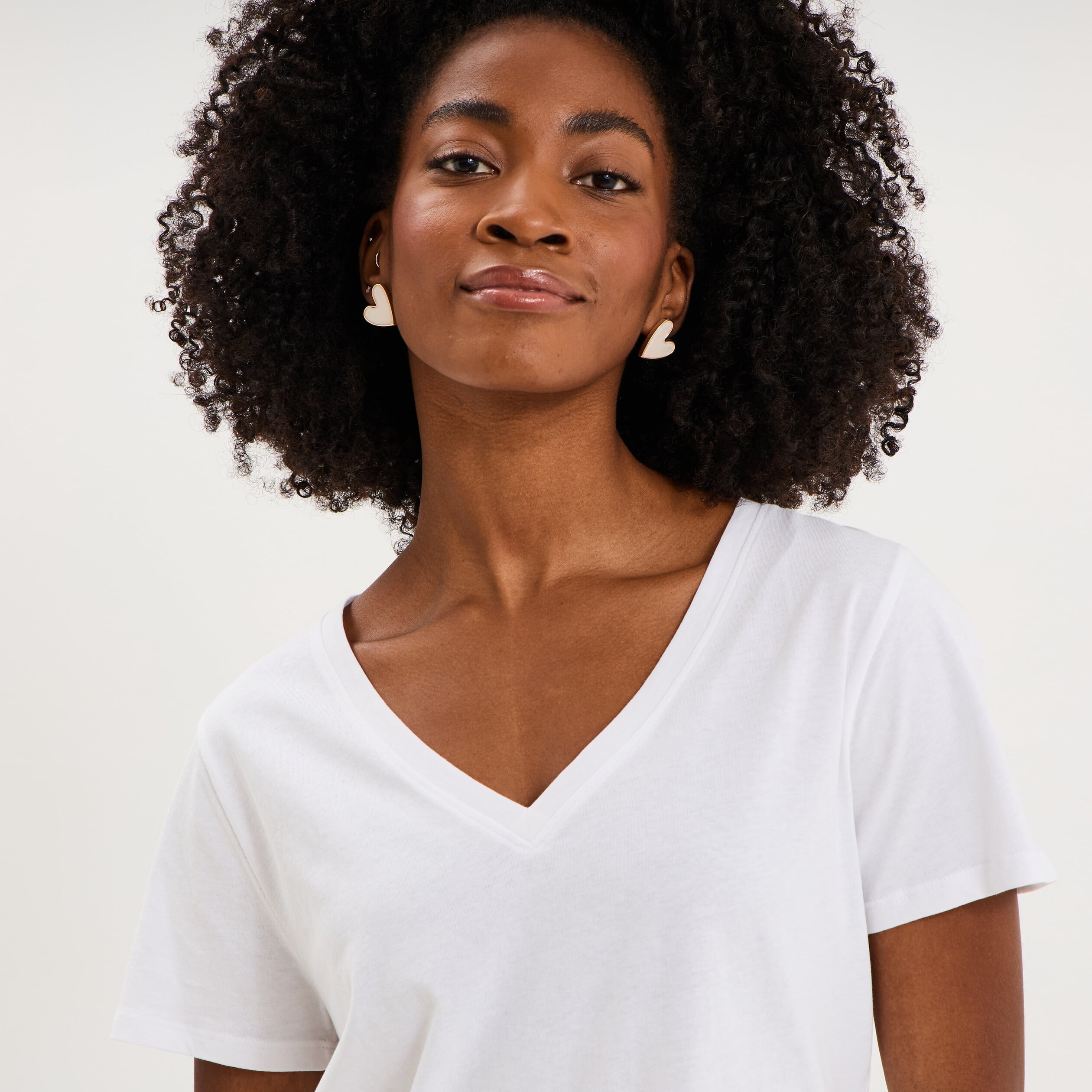T-shirt manches courtes col en V coton blanc femme