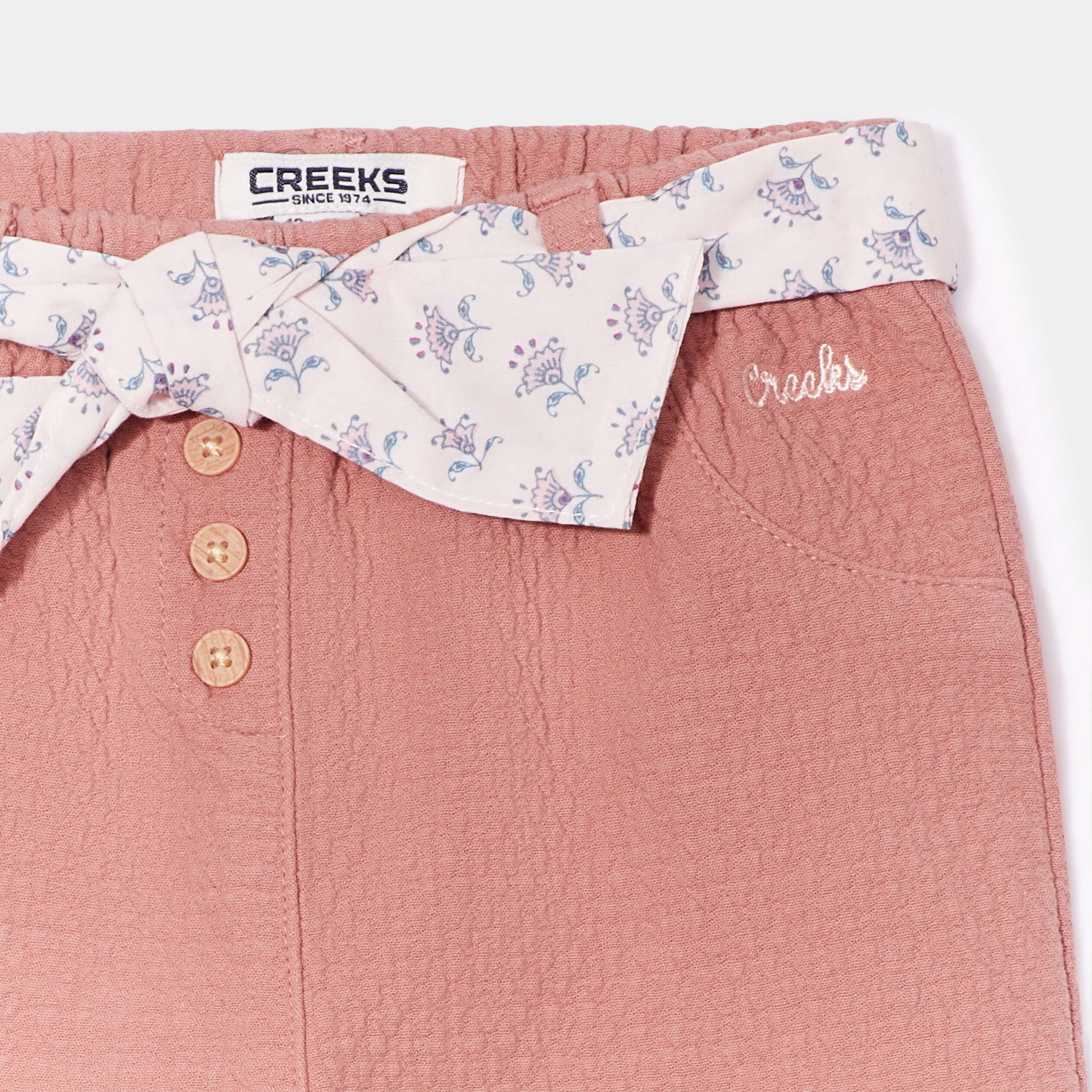 pantalon droit ceinture coton creeks rose bebef Pantalon droit ceinturé coton Creeks rose bébé fille