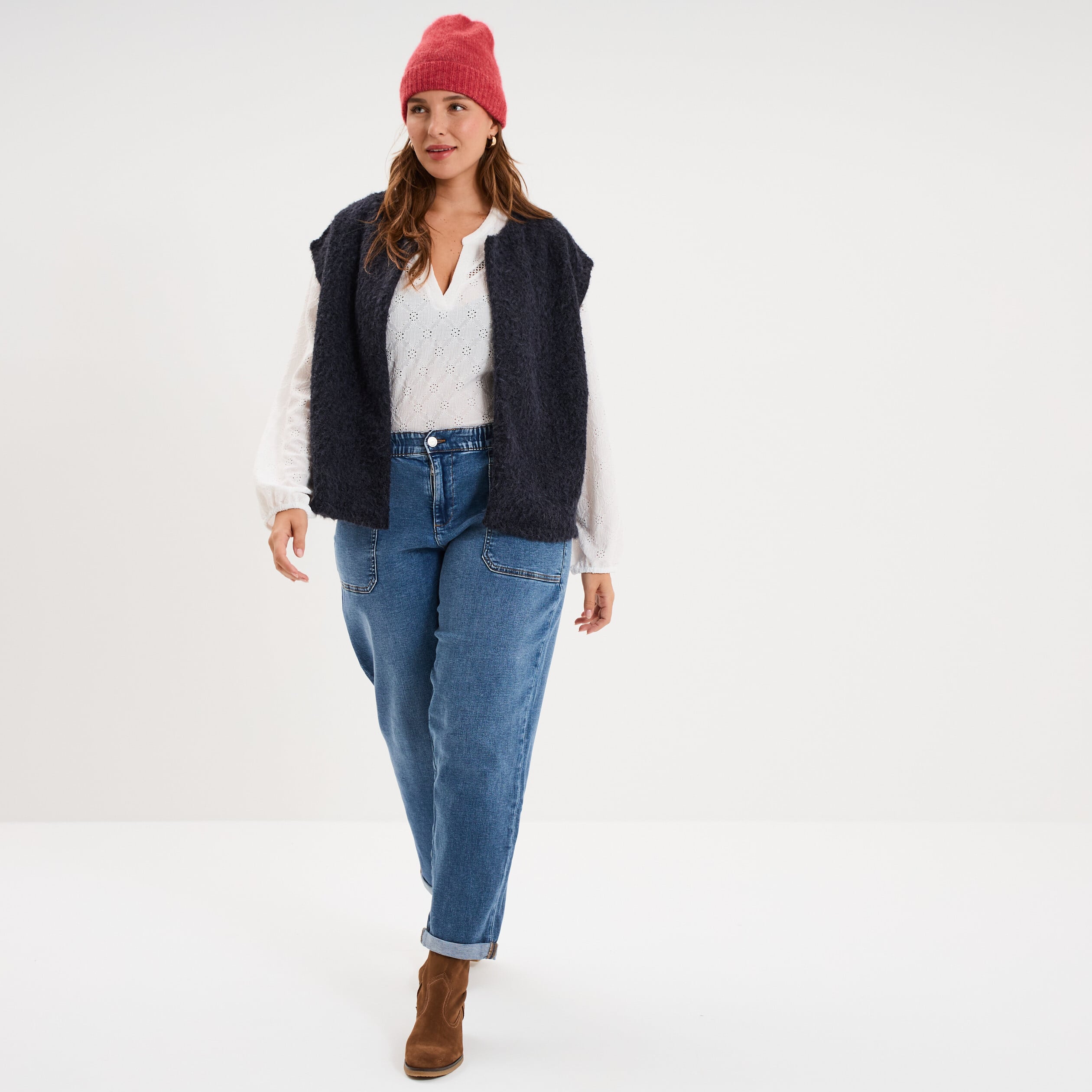 Veste droite sans manches bouclette bleu marine femme grande taille