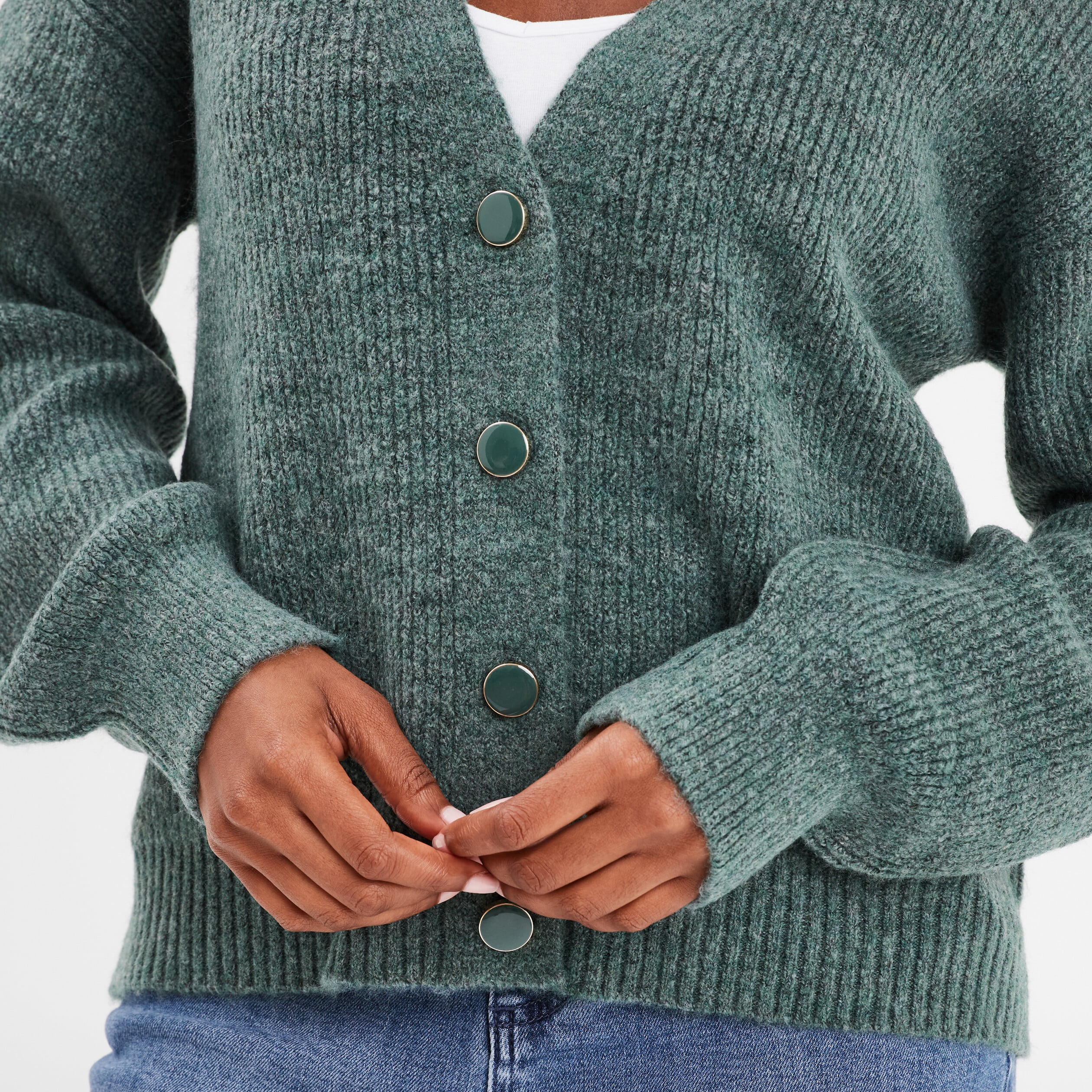 Gilet boutonn&eacute; col en V vert femme
