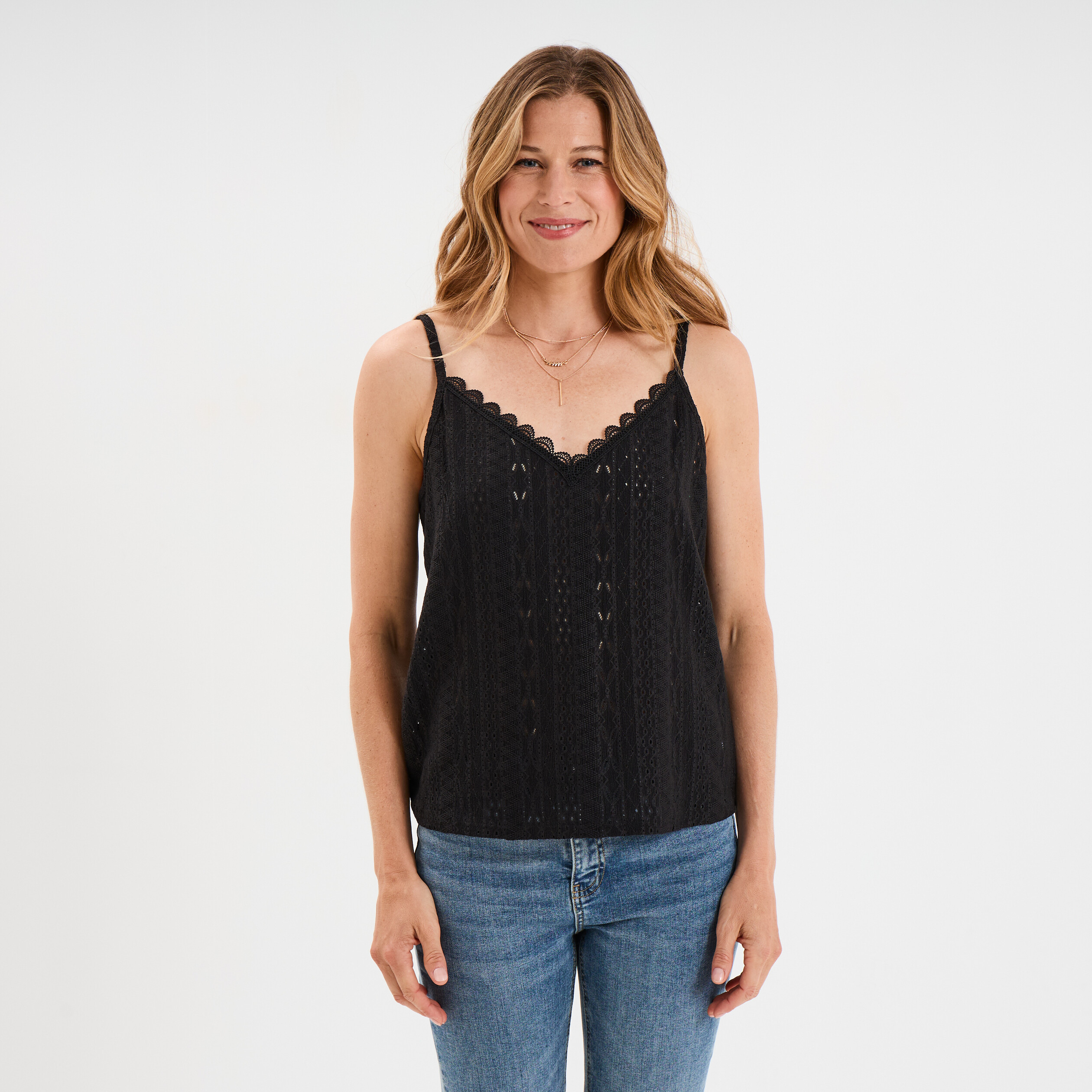 Débardeur broderie anglaise à bretelles noir femme