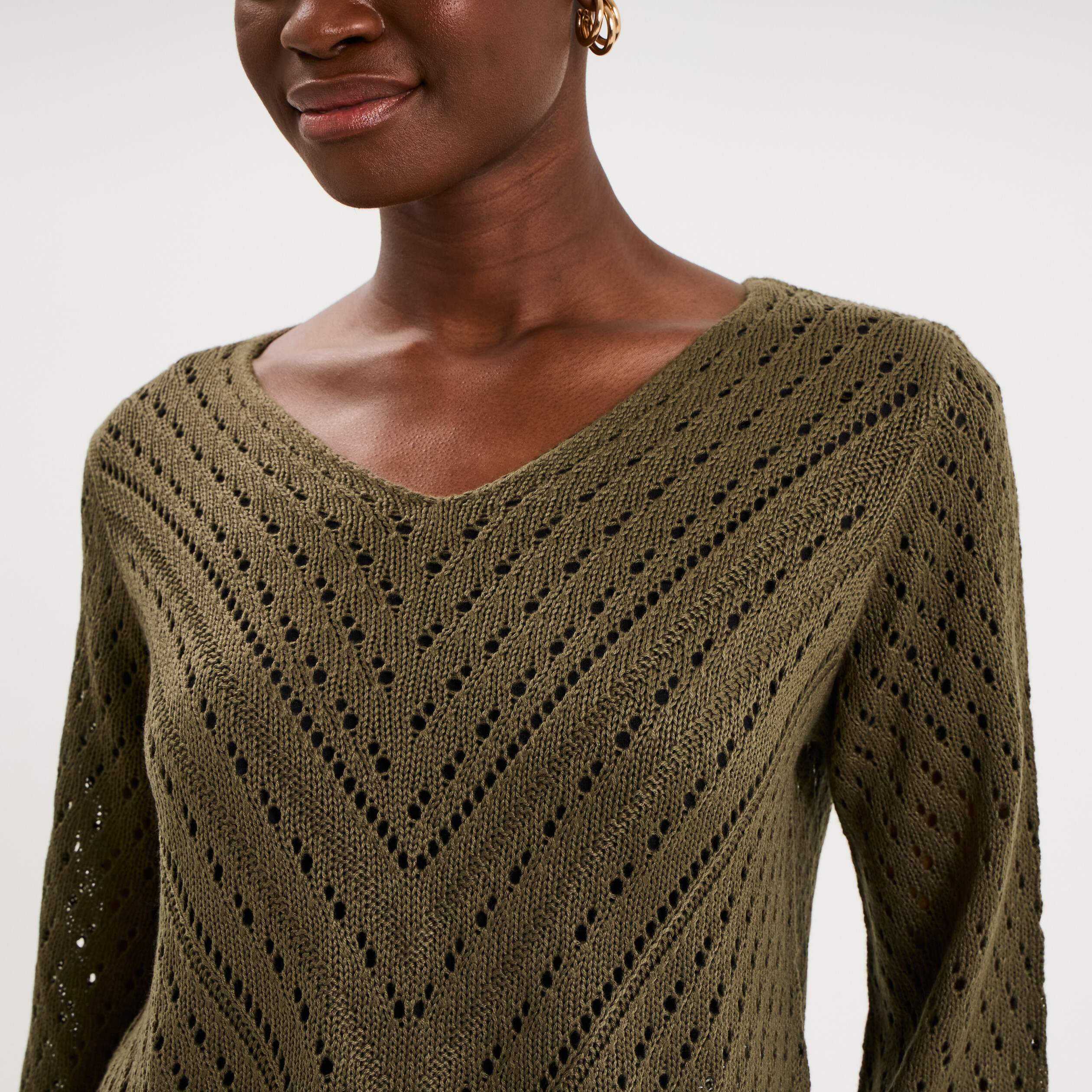 Pull ajour&eacute; col en V manches longues taupe femme