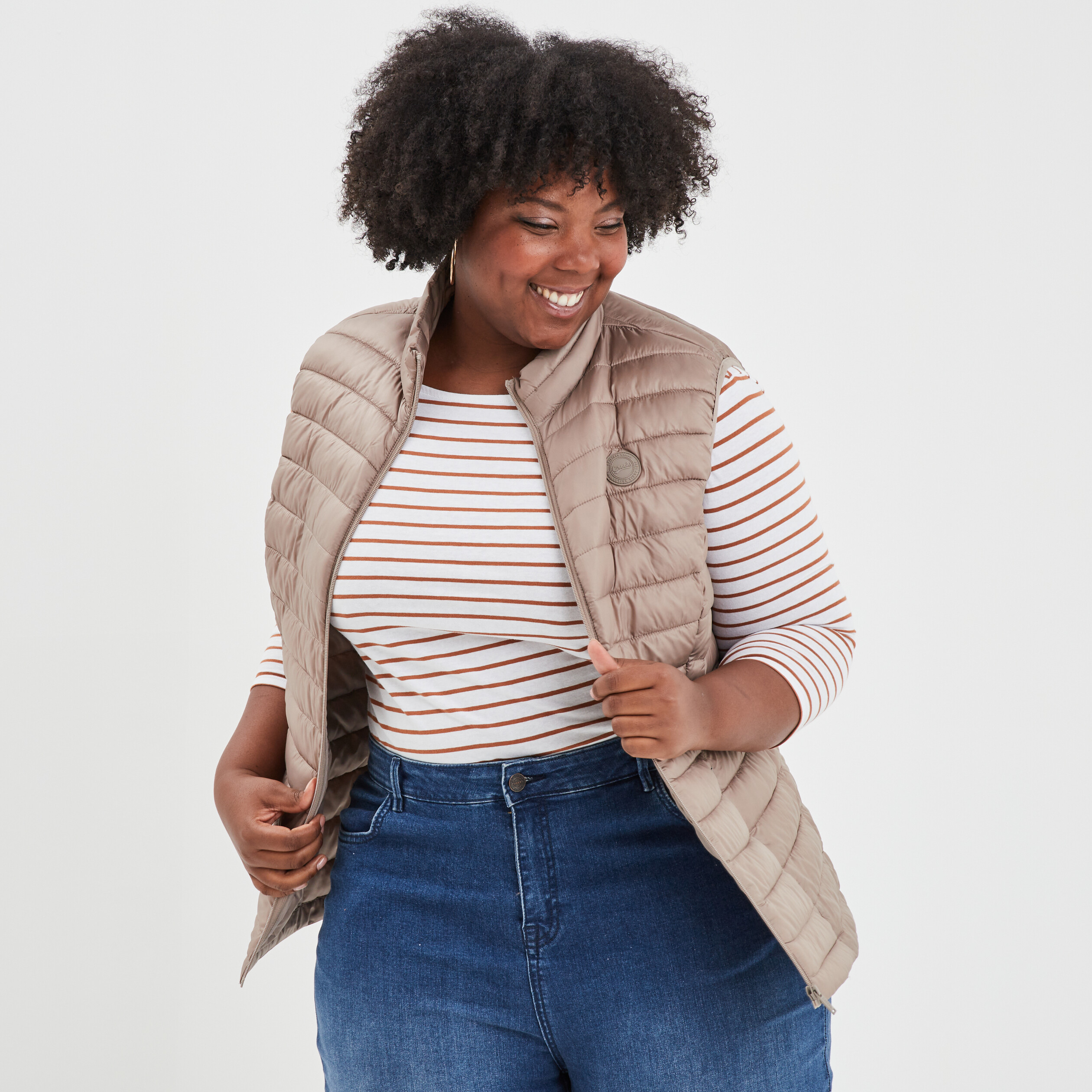 Doudoune legere droite sans manches sable femme grande taille