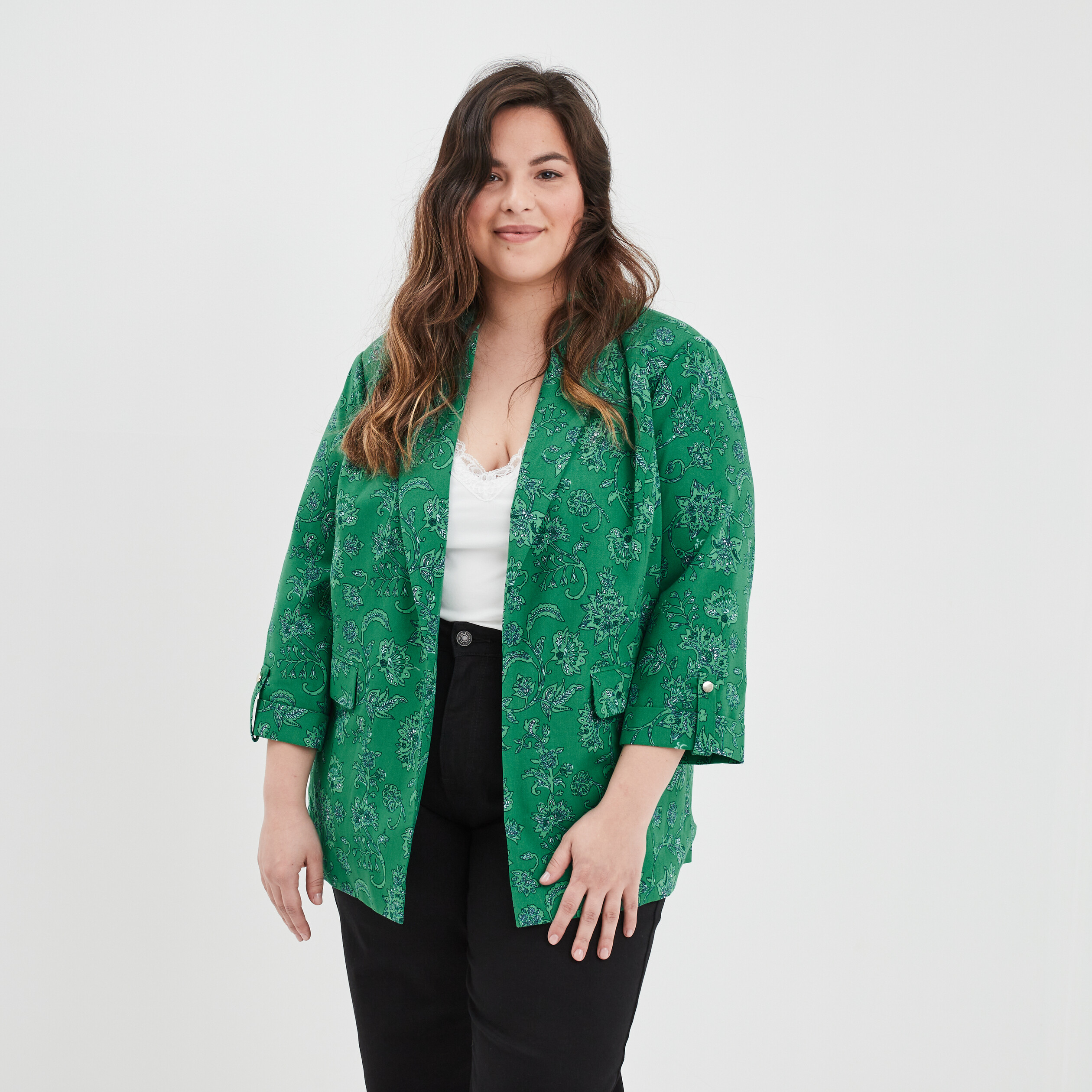 veste droite manches 34 a revers vert femmegt Veste droite manches 3/4 à revers vert femme grande taille