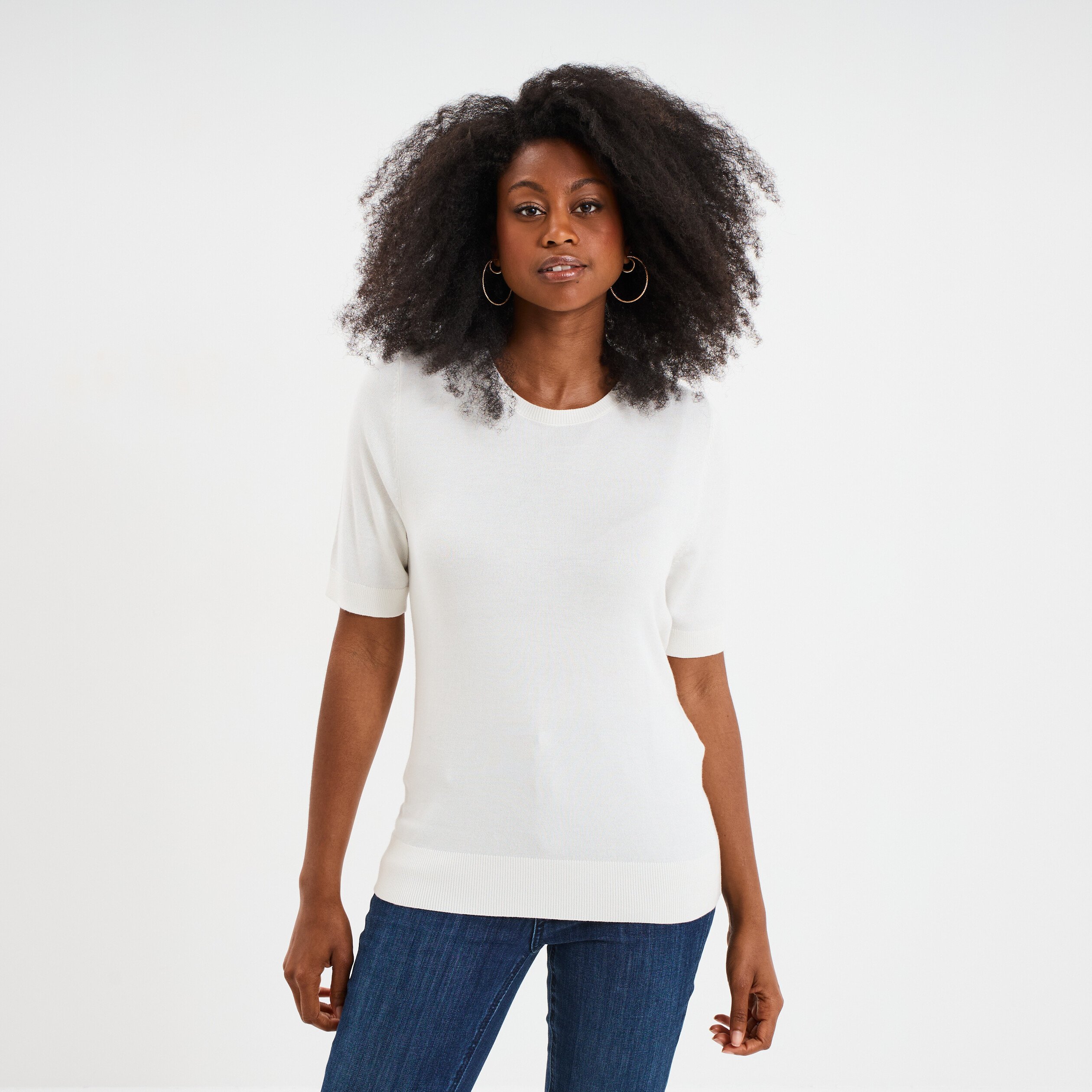 Pull manches courtes col rond blanc femme