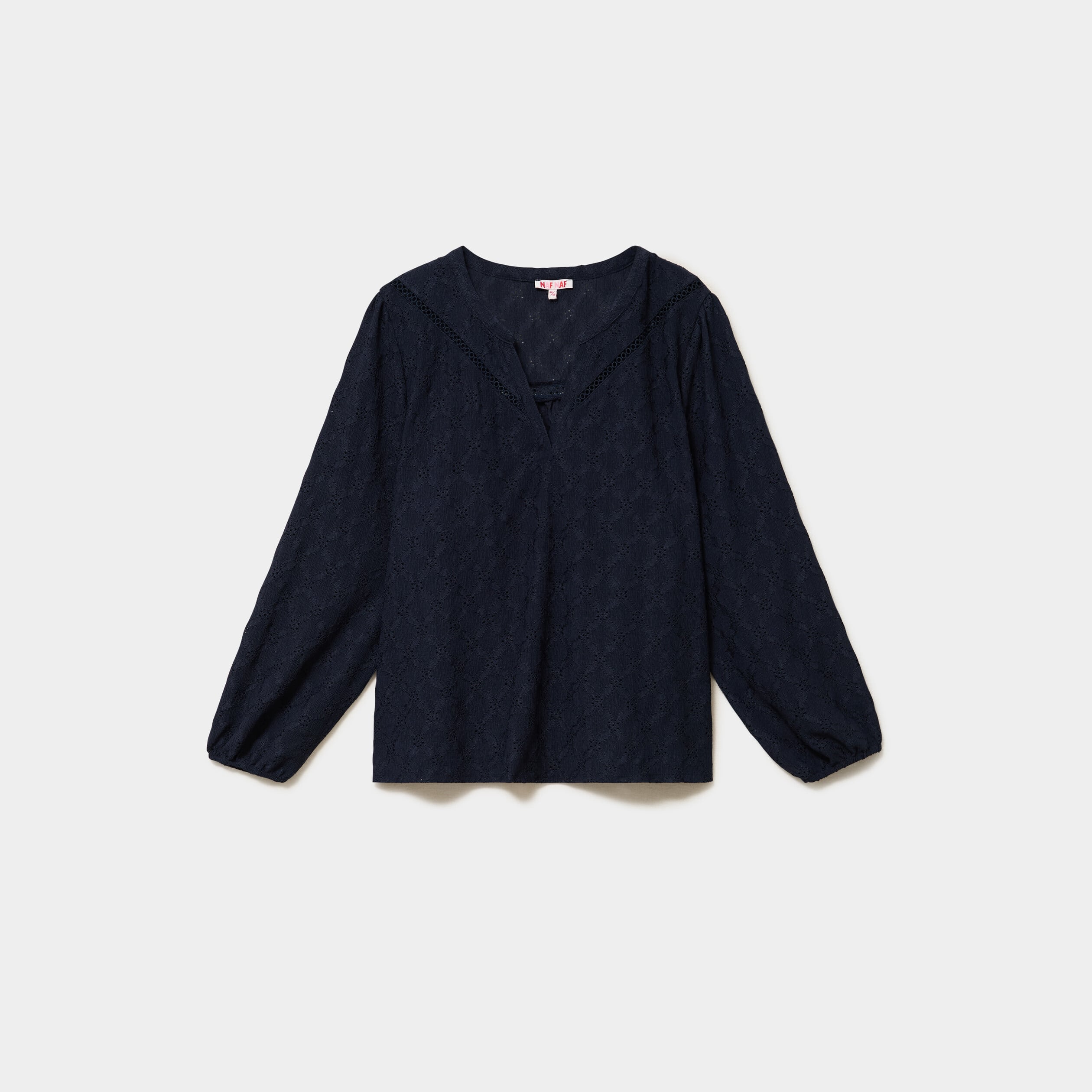 Blouse ajour&eacute;e manches 3/4 col tunisien bleu fonc&eacute; femme grande taille