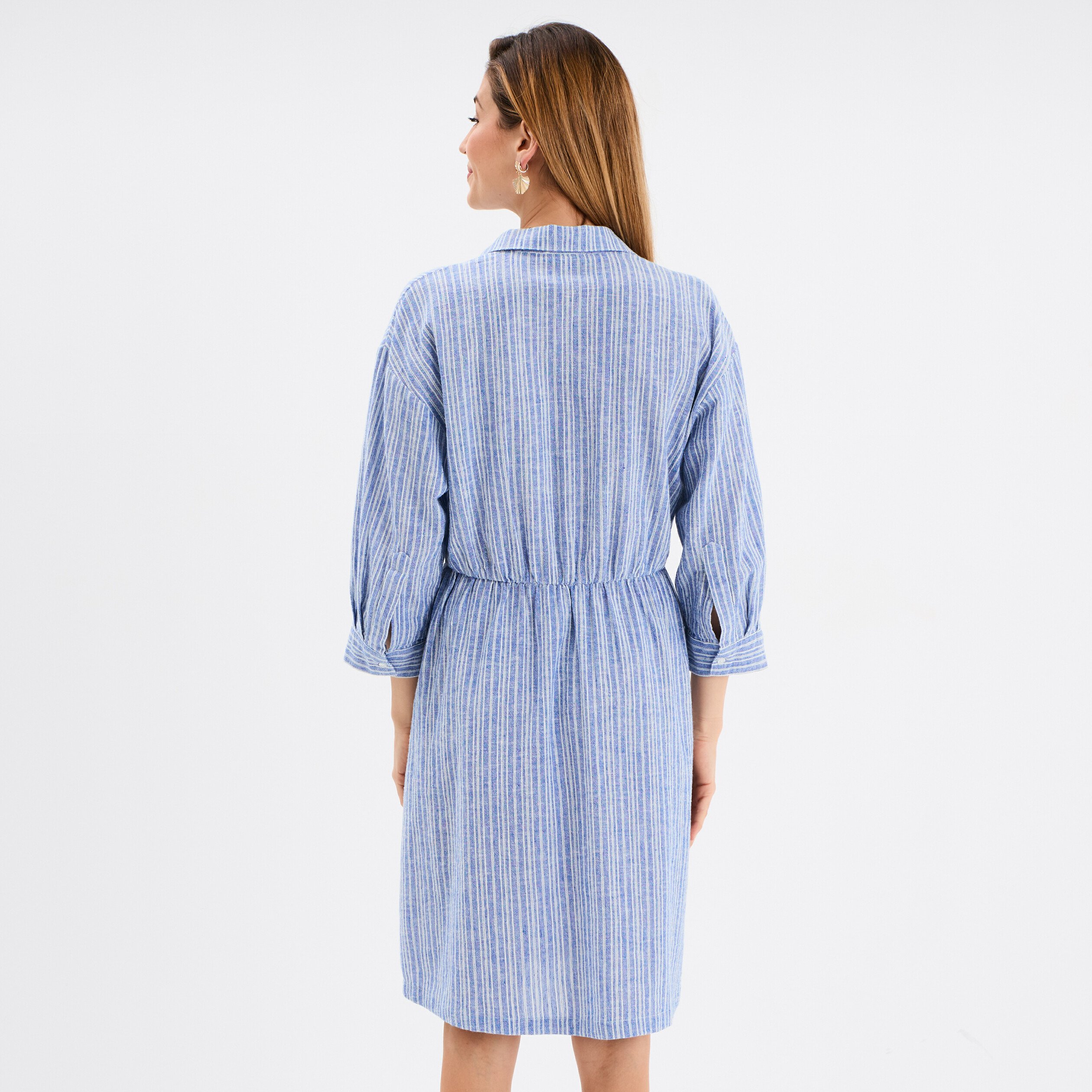 robe col chemise 2 poches melange lin bleu femme Robe col chemise 2 poches mélange lin bleu femme