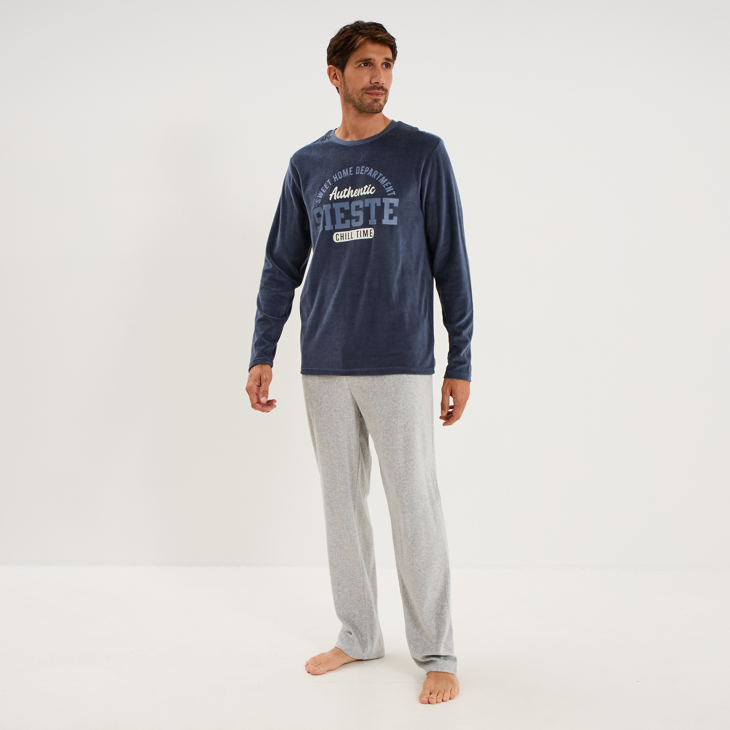 Ensemble pyjama velours t-shirt pantalon bleu homme