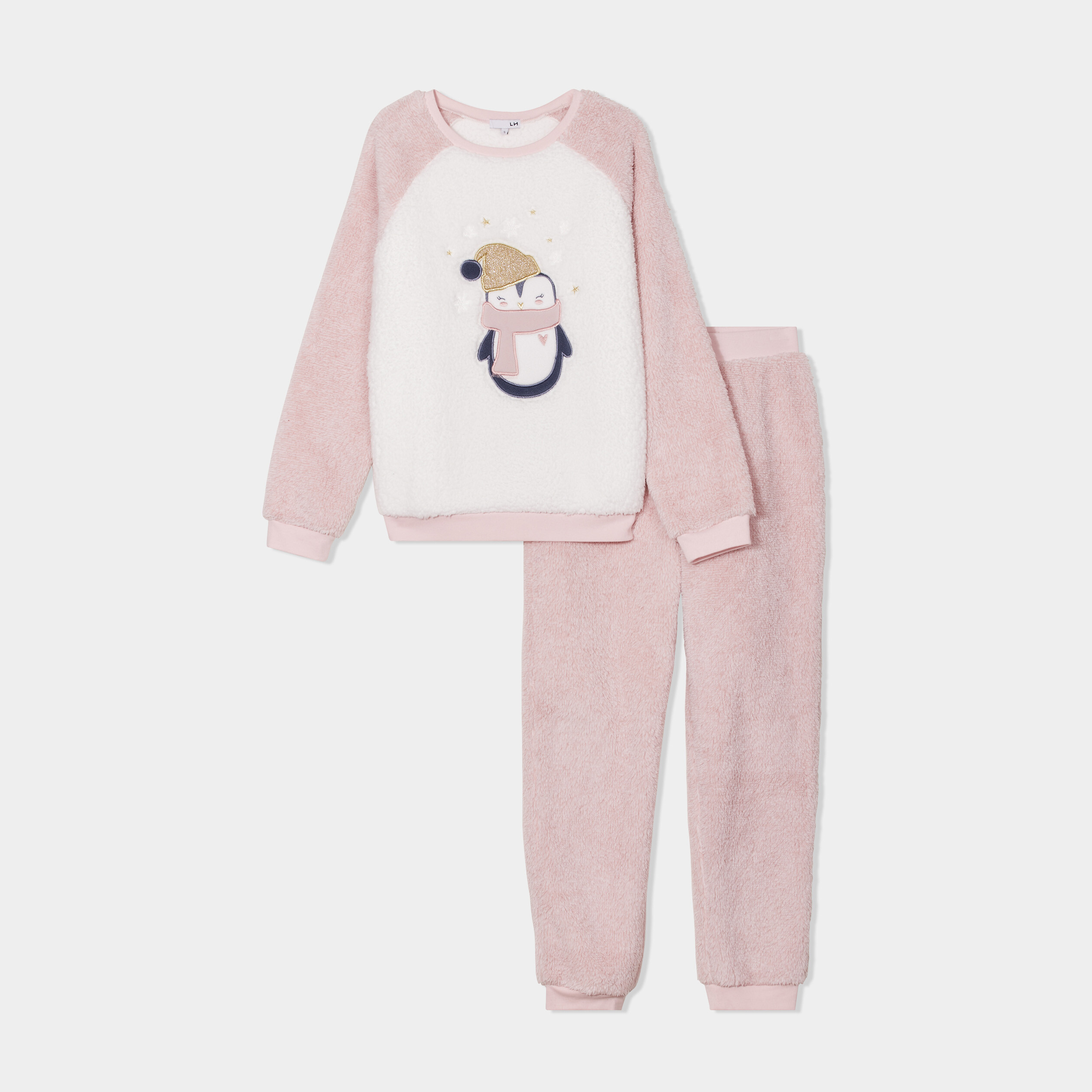 Ensemble pyjama pantalon effet polaire rose pastel femme