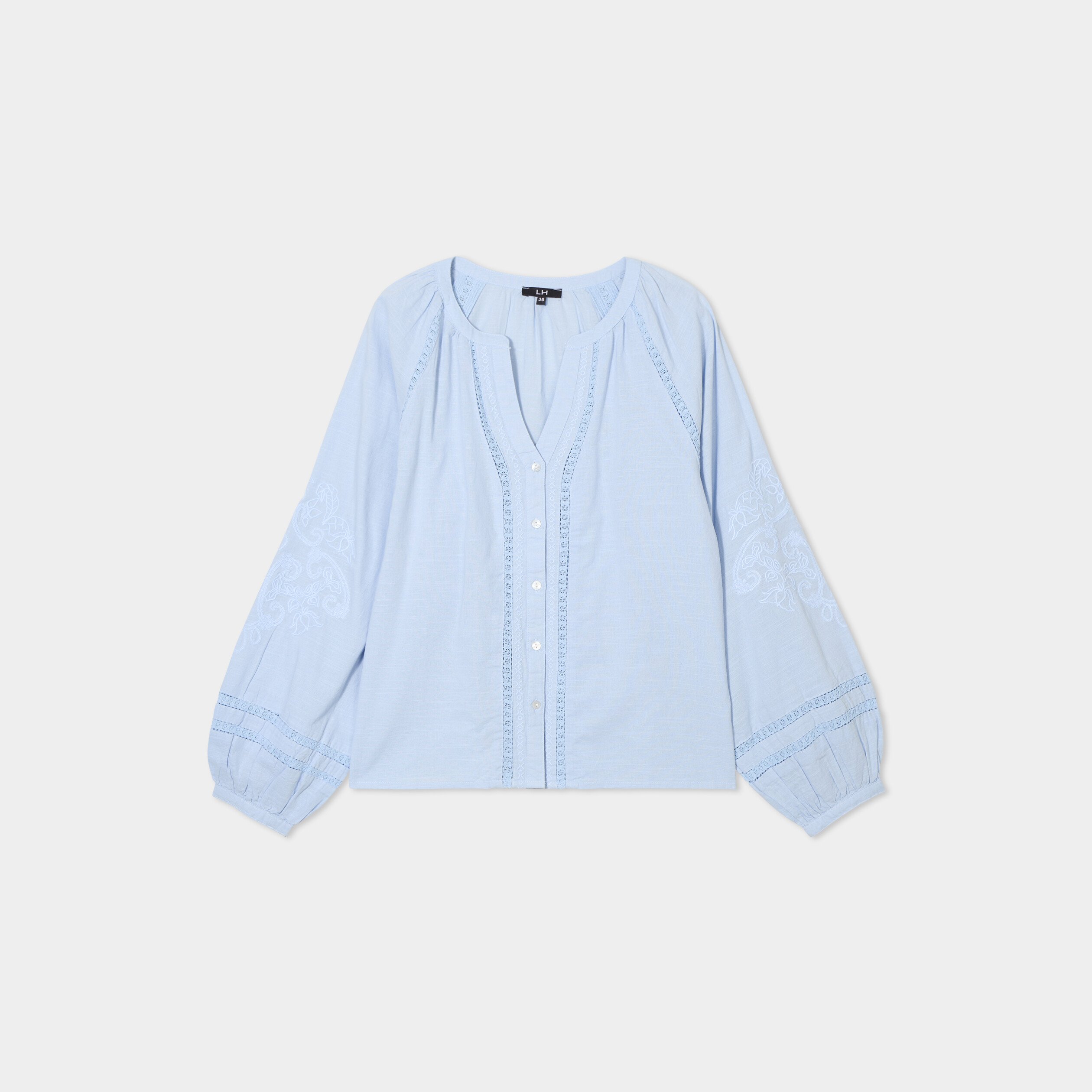 blouse manches ballons brodees bleu ciel femme Blouse manches ballons brodées bleu ciel femme