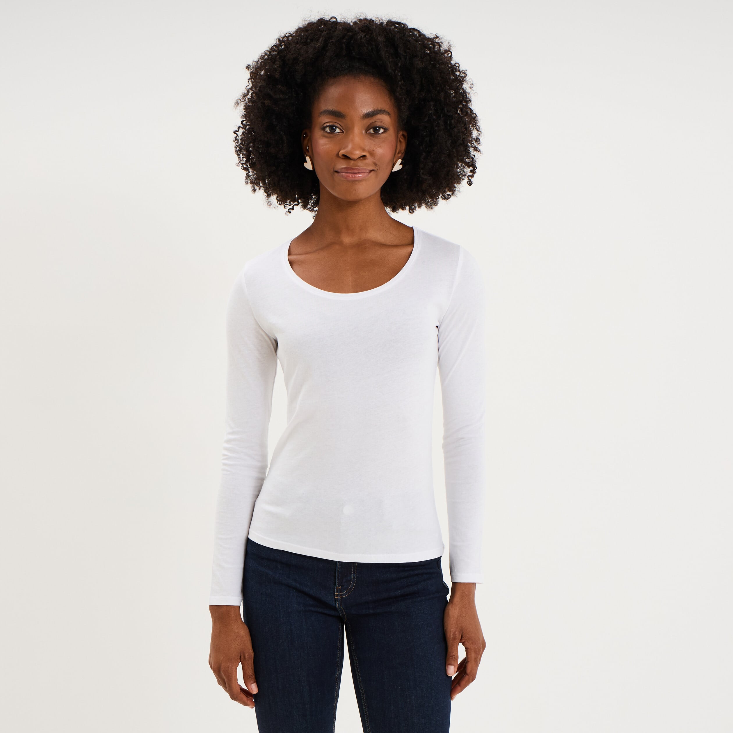 T-shirt coton col rond manches longues blanc femme