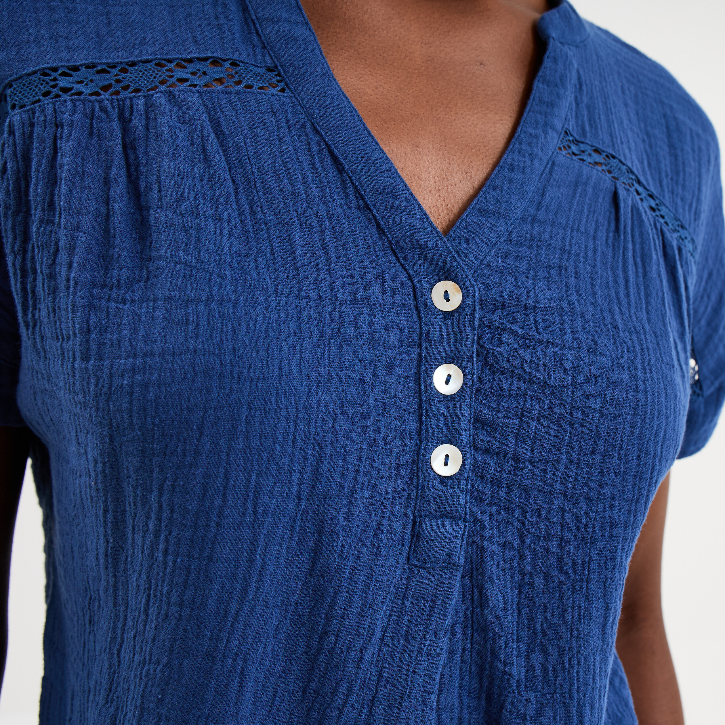 Blouse Col tunisien gaze de coton bleu marine femme