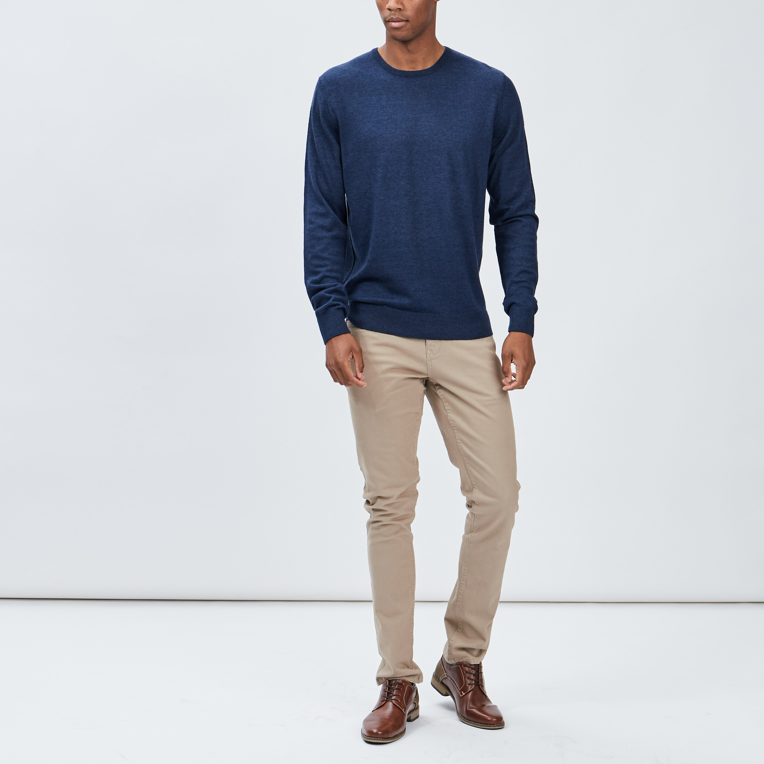 Pull droit col rond coton m&eacute;lang&eacute; bleu fonc&eacute; homme