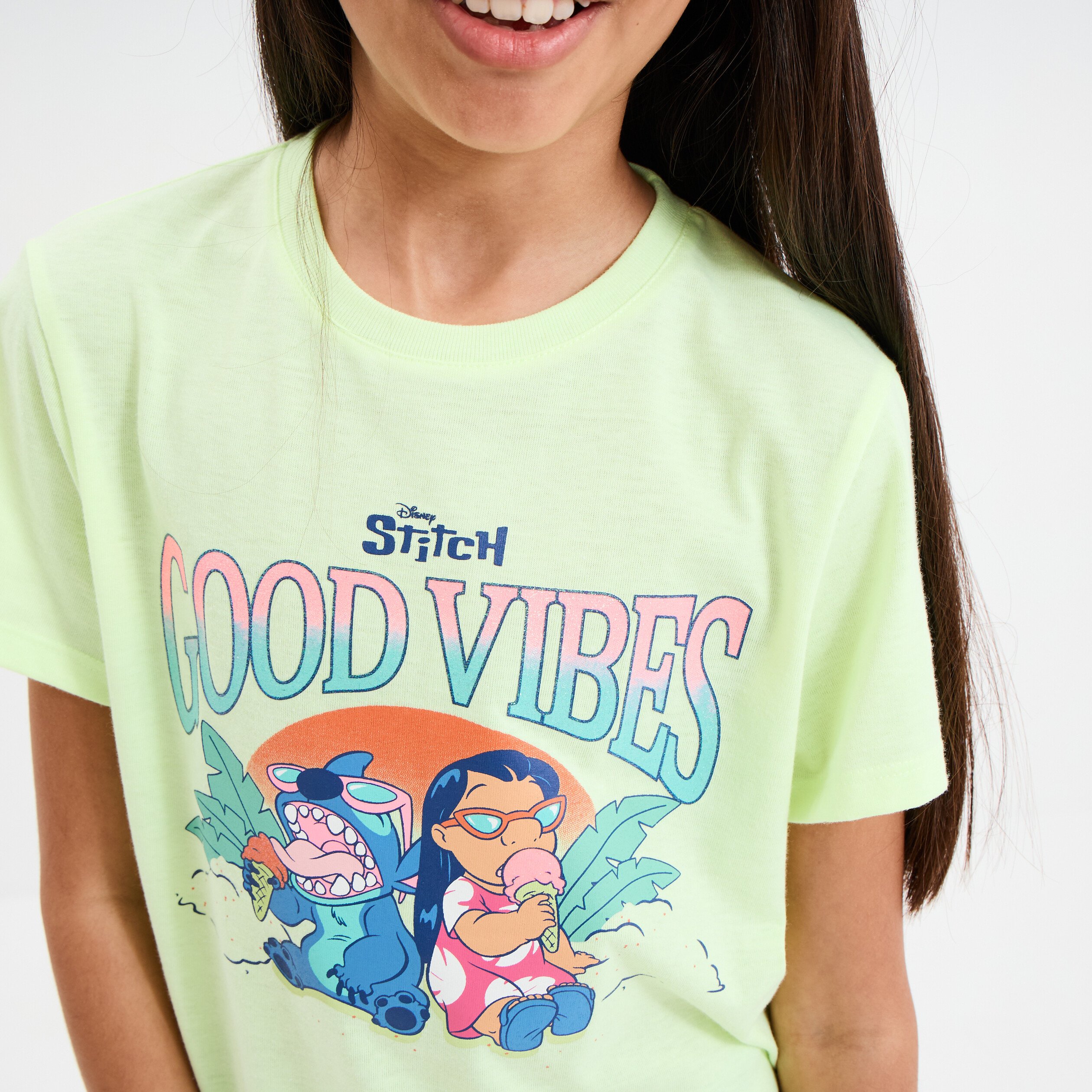 t shirt manches courtes stitch jaune fluo fille T-shirt manches courtes Stitch jaune fluo fille