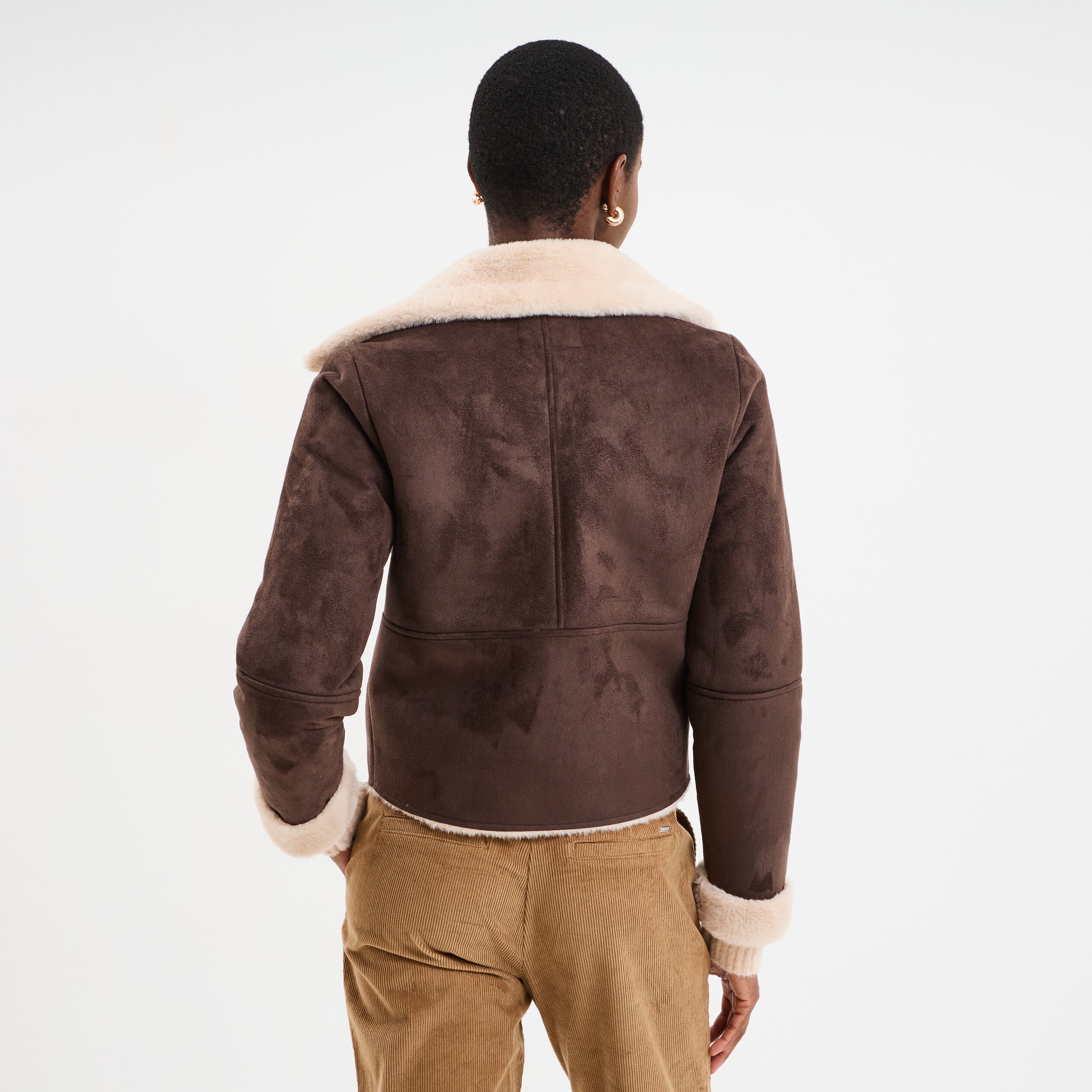 Veste col aviateur zipp&eacute;e doubl&eacute;e marron fonc&eacute; femme