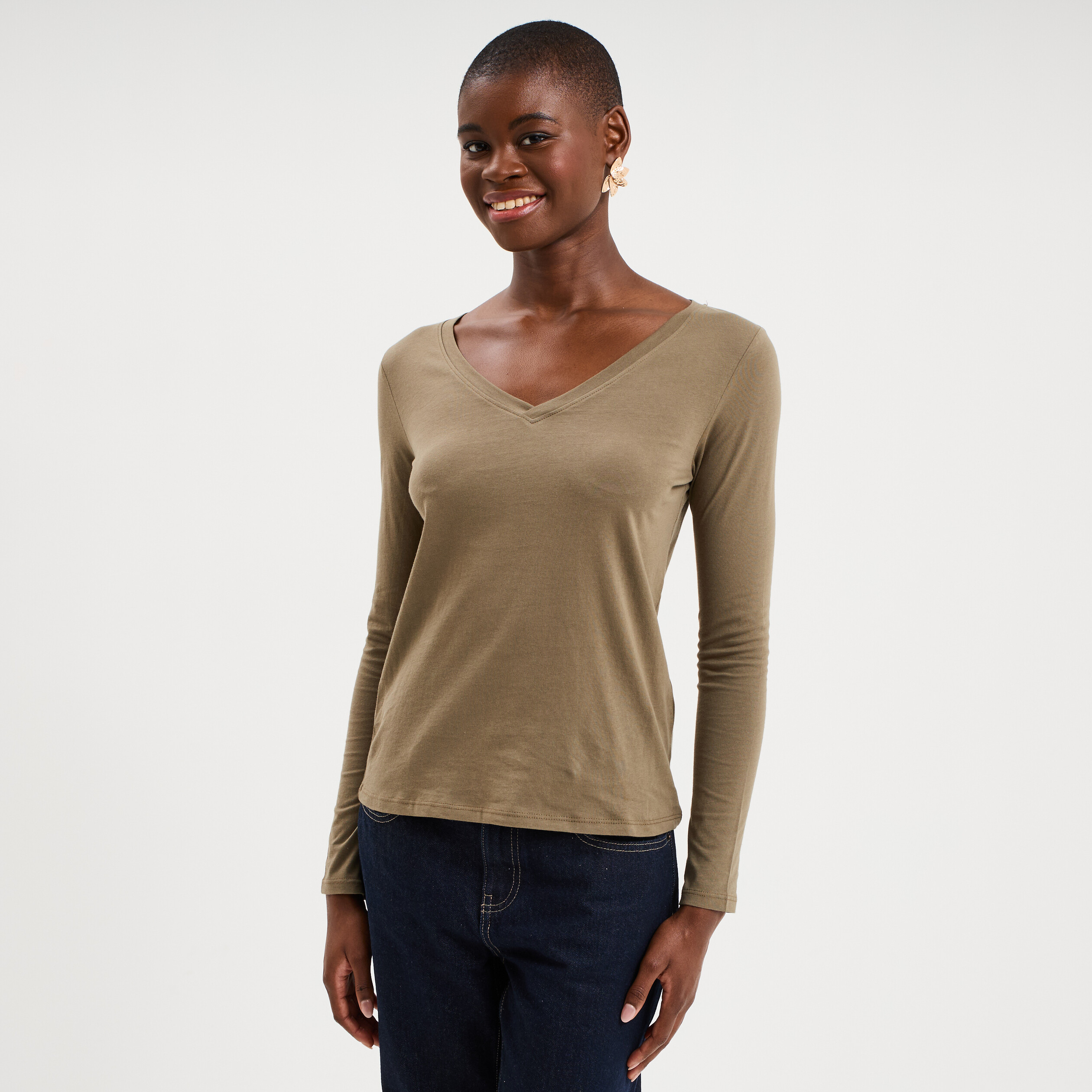 T-shirt col en V à bandes dentelle vert foncé femme | La Halle