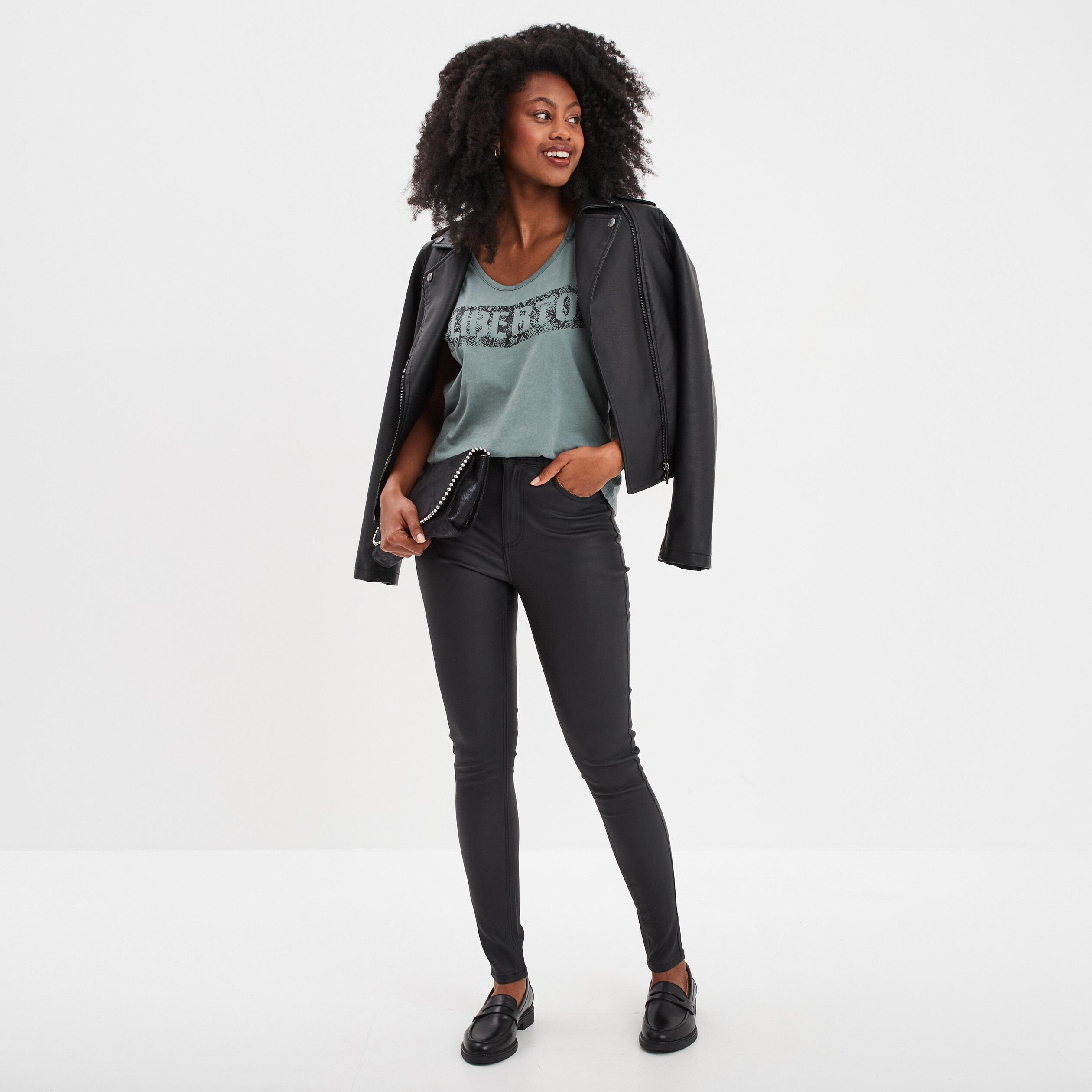 Pantalon enduit skinny push-up noir femme