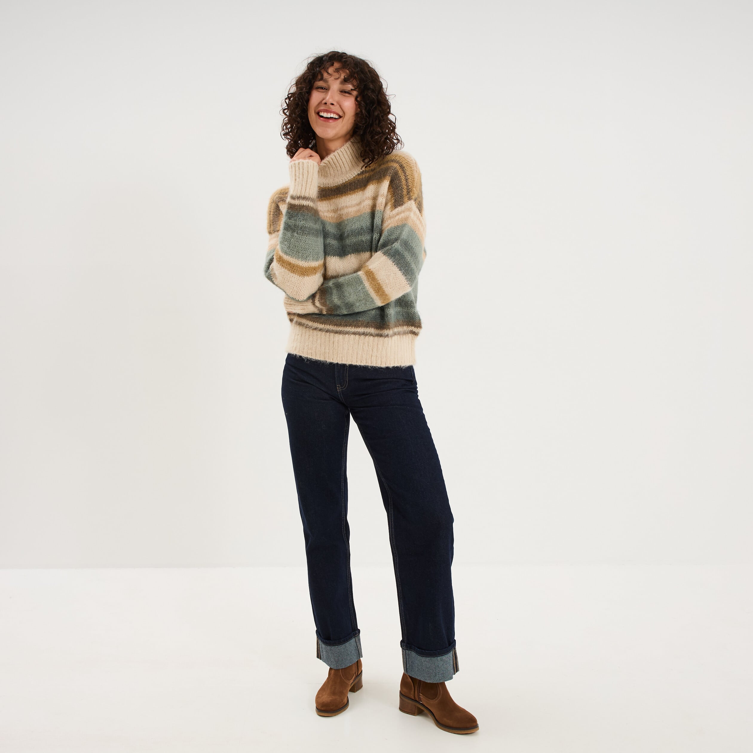 Pull col montant manches longues vert olive femme