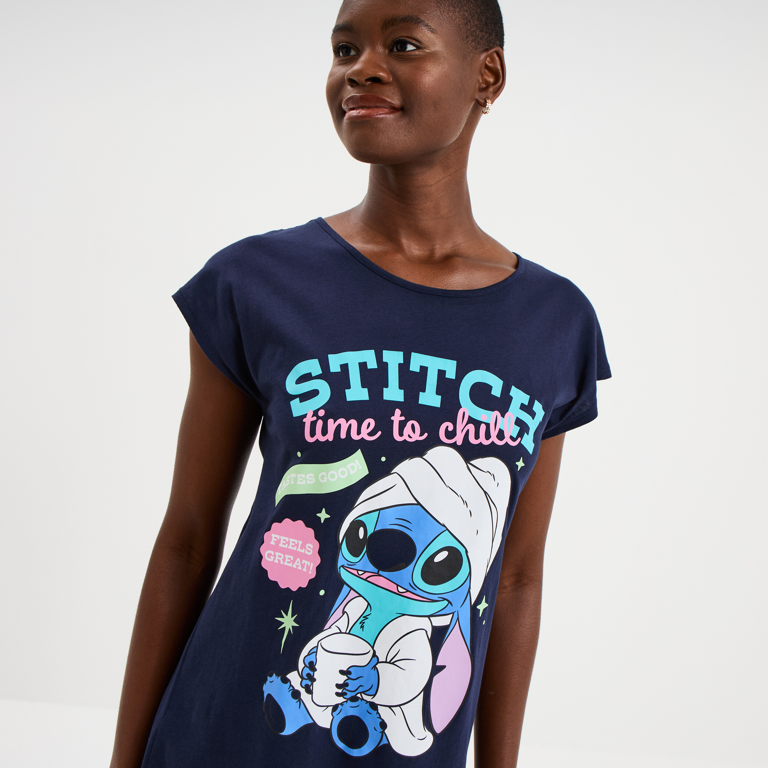 Chemise de nuit manches courtes Stitch bleu marine femme