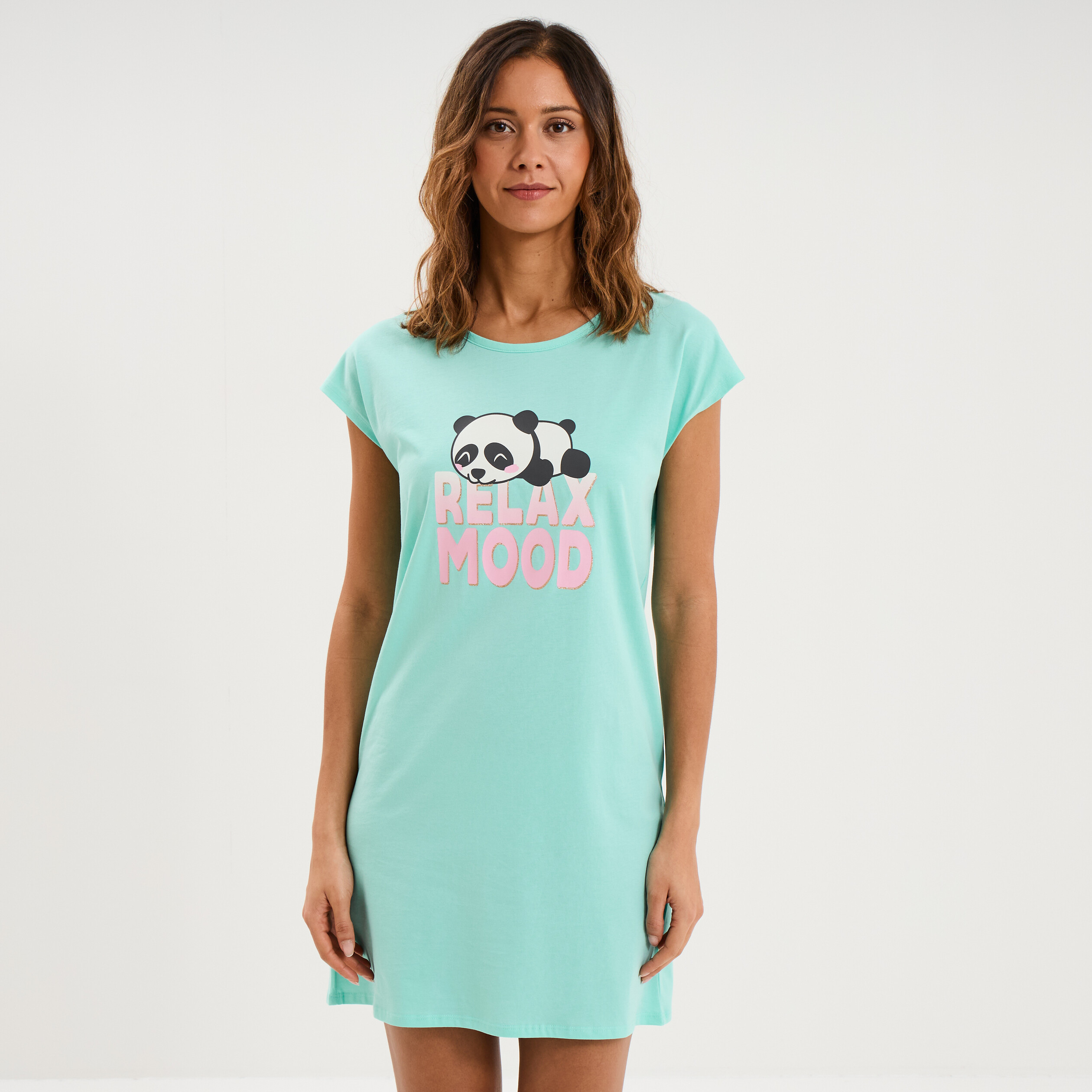 Chemise de nuit courte coton bleu turquoise femme