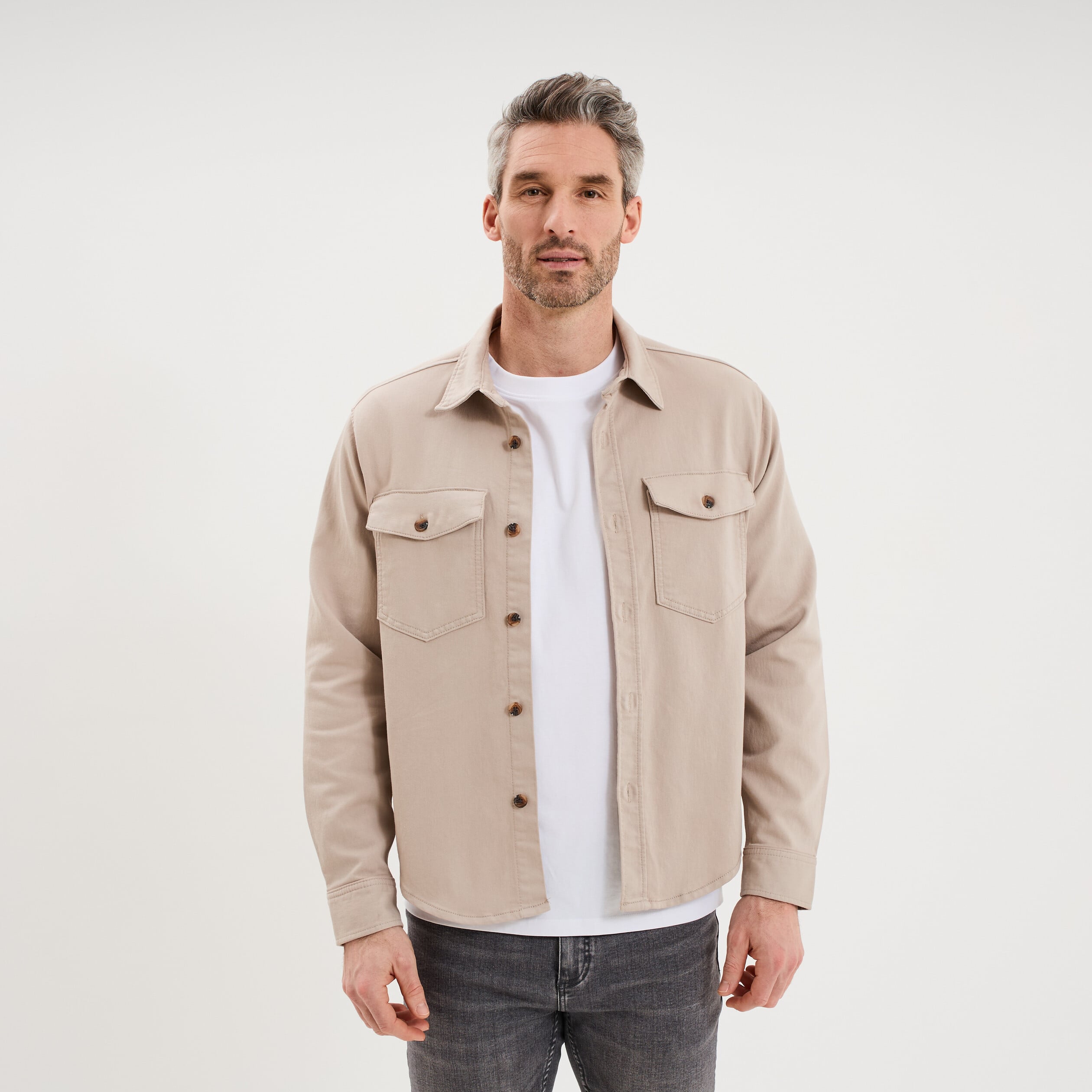 Surchemise droite m&eacute;lange coton stretch gris clair homme