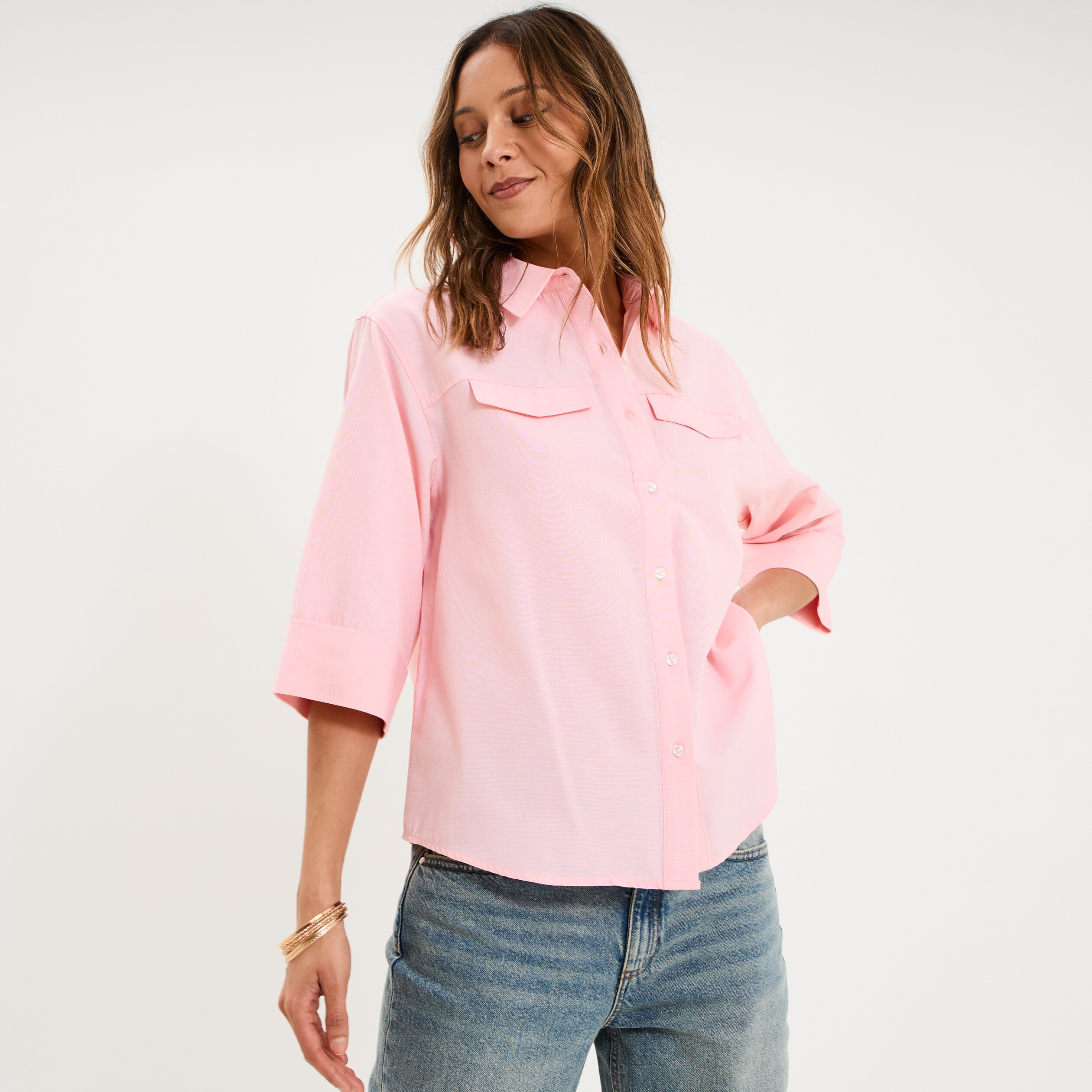 Chemise manches 3/4 poches poitrine rose clair femme