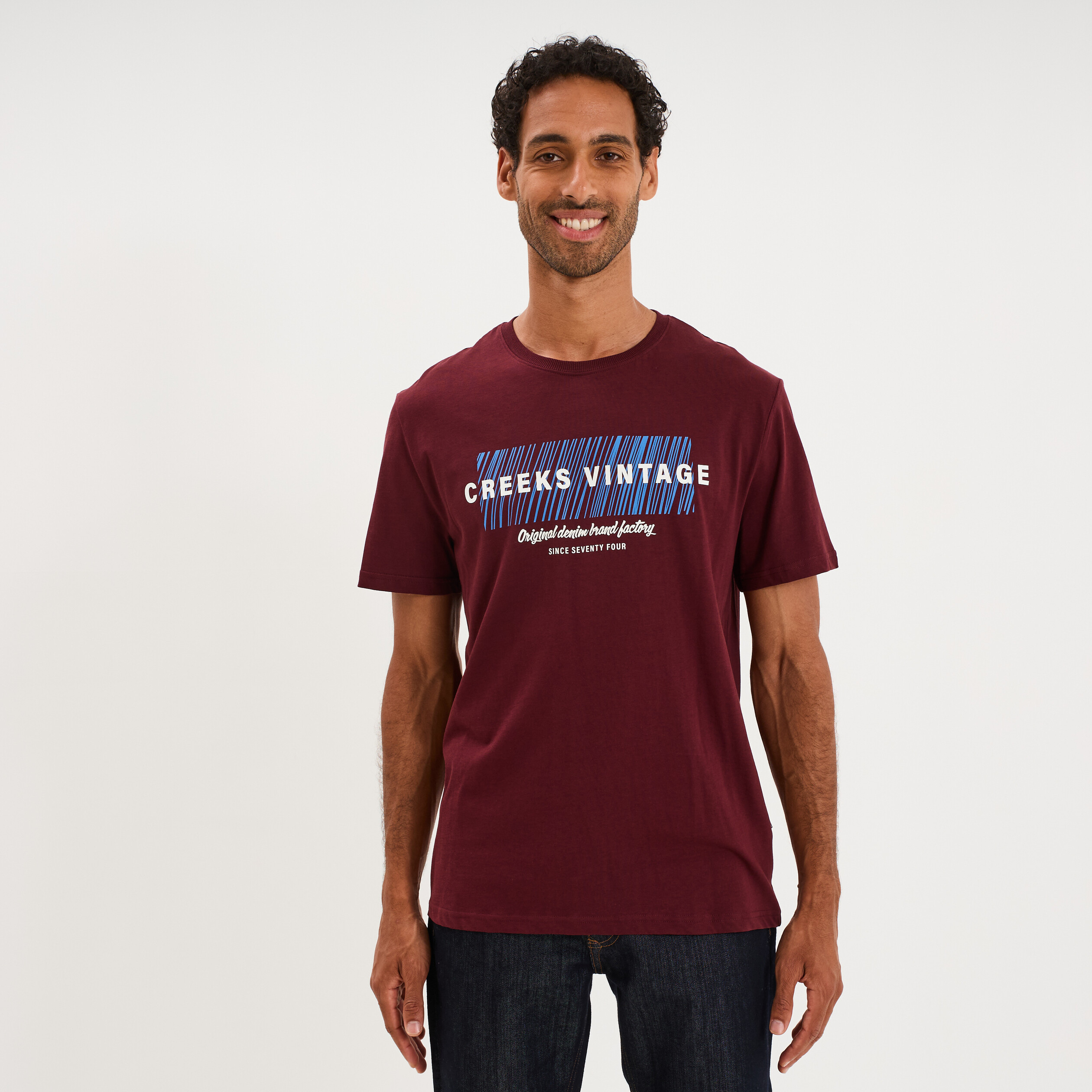 T-shirt manches courtes coton col rond violet fonc&eacute; homme
